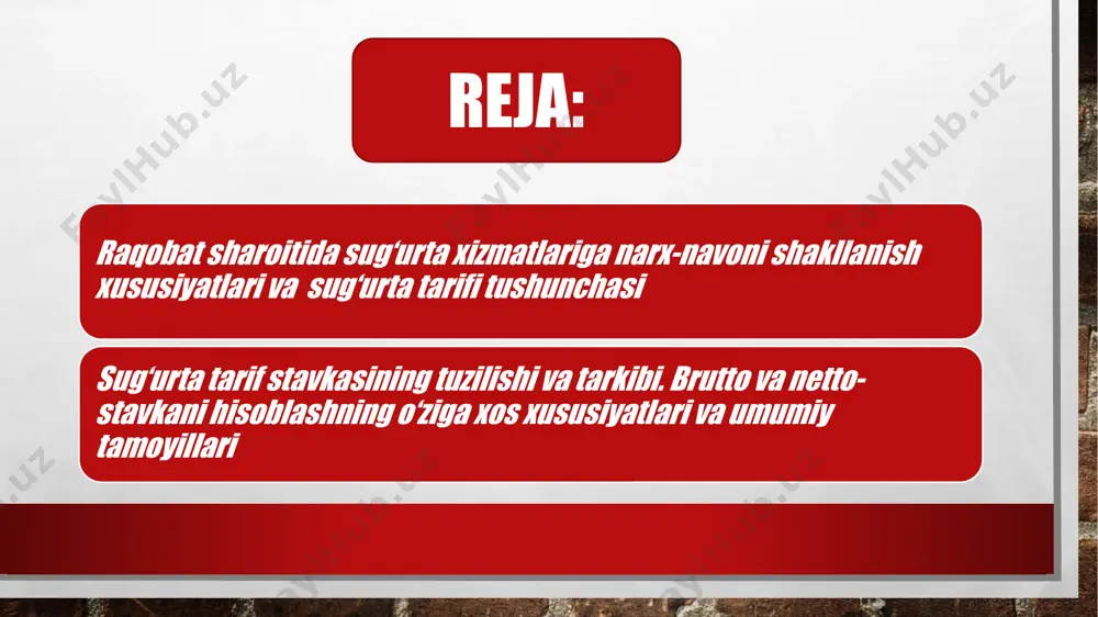 mavjud va ular quyidagi holatlarda namoyon bo‘ladi: baholanayotgan risk doimo ehtimollik xarakteriga ega bo‘lishi ayrim yillarda umumiy qonuniyatga zid turkum tasodifiy hodisalar yuz berishi, ularning ta’siri, o‘z navbatida, sug‘urta tashkilotidan talab etiladigan sug‘urta qoplamasi to‘lovi summasining sezilarli o‘zgarishini taqozo etishi sug‘urtachi tomonidan ko‘rsatilayotgan xizmat tannarxi sug‘urta munosabatlari yig‘indisidan keltirilib chiqarilishi sug‘urtachi ixtiyorida bo‘ladigan maxsus zaxirani ajratish, uning optimal hajmini aniqlash talab etilishi sug‘urta shartnomalari ko‘rsatkichlarini (inglizcha «storno») bashorat qilish hamda ular bo‘yicha ekspert bahosi talab etilishi qarz (ssuda) foizlari me’yorlarini va aniq vaqt oralig‘ida ularning o‘zgarish an’analarini tadqiq etish taqozo etilishi sug‘urta hodisasi bilan bog‘liq holda to‘liq yoki qisman zararlar yuzaga kelishi hamda ular kattaligining kenglik va vaqtda taqsimlanishiga maxsus jadvallar yordamida o‘zgartirishlar kiritish talabi namoyon bo‘lishi ekvivalentlik tamoyiliga amal qilish, ya’ni sug‘urta mukofotlari va sug‘urta tashkiloti tomonidan tarif davrida ko‘rsatilayotgan sug‘urta ta’minoti o‘rtasida o‘zaro tenglik o‘rnatilishi taqozo etilishi sug‘urta tarifining risk yuz berishi ehtimoliga nisbatan yuqori darajada ko‘rsatilishi bir …