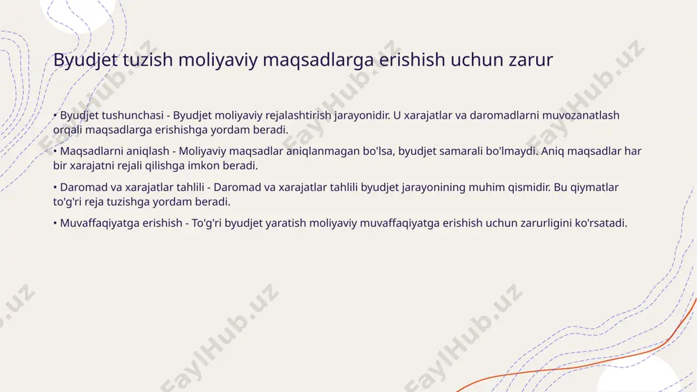 ajatlarni kuzatish - xarajatlarni kuzatish moliyaviy resurslarni taqsimlashda aniq tasavvurga ega bo'lishni ta'minlaydi moliyaviy resurslarni boshqarish barqarorlikni ta'minlaydi • moliyaviy resurslar - moliyaviy resurslar, tashkilotlarning faoliyatini qo'llab-quvvatlovchi asosiy elementlardir. ular daromadlarni, xarajatlarni va investitsiyalarni o'z ichiga oladi. • boshqarish muhimligi - moliyaviy resurslarni samarali boshqarish barqarorlikni ta'minlaydi. bu tashkilotlarning moliyaviy holatini mustahkamlashga yordam beradi. • strategiyalar - moliyaviy resurslarni boshqarish uchun strategiyalar ishlab chiqish zarur. ular foyda olish va xarajatlarni kamaytirishni ko'zlaydi. • natijalar - samarali moliyaviy boshqarish barqaror o'sishga va rivojlanishga erishish imkonini beradi. bu tashkilotlarning muvaffaqiyatli ishlashini ta'minlaydi. moliya tizimida investitsiya strategiyalarini ishlab chiqish muhim • investitsiya strategiyalari - investitsiya strategiyalari moliya tizimining muhim tarkibiy qismidir. ular investorlarning maqsad va resurslarini hisobga olgan holda ishlab chiqiladi. • rivojlantirish va barqarorlik - samarali strategiyalar moliya barqarorligini ta'minlaydi. rivojlanayotgan bozorlar uchun moslashtirilgan strategiyalar katta imkoniyatlar yaratishi mumkin. moliyaviy ma'lumotlarni to'plash qaror qabul qilishni osonlashtiradi • moliyaviy ma'lumotlarning ahamiyati - moliyaviy …