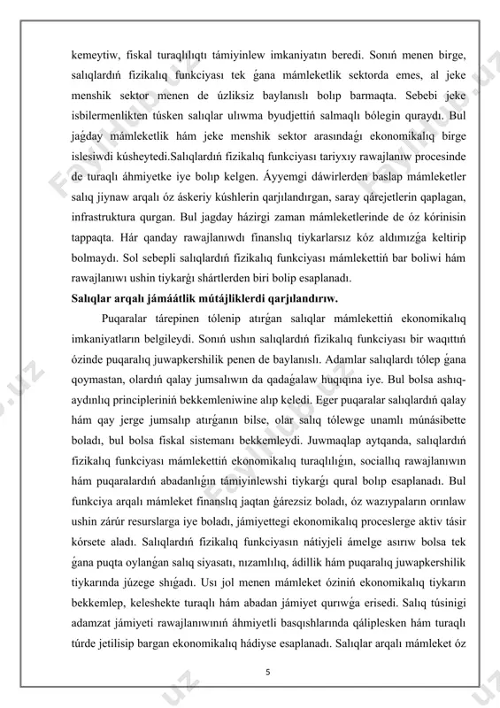 bepli salıqlardıń fizikalıq funkciyası mámlekettiń bar boliwi hám rawajlanıwı ushin tiykarģı shártlerden biri bolip esaplanadı. salıqlar arqalı jámáátlik mútájliklerdi qarjılandırıw. puqaralar tárepinen tólenip atırǵan salıqlar mámlekettiń ekonomikalıq imkaniyatların belgileydi. sonıń ushın salıqlardıń fizikalıq funkciyası bir waqıttıń ózinde puqaralıq juwapkershilik penen de baylanıslı. adamlar salıqlardı tólep ǵana qoymastan, olardıń qalay jumsalıwın da qadaǵalaw huqıqına iye. bul bolsa ashıq-aydınlıq principleriniń bekkemleniwine alıp keledi. eger puqaralar salıqlardıń qalay hám qay jerge jumsalıp atırǵanın bilse, olar salıq tólewge unamlı múnásibette boladı, bul bolsa fiskal sistemanı bekkemleydi. juwmaqlap aytqanda, salıqlardıń fizikalıq funkciyası mámlekettiń ekonomikalıq turaqlılıǵın, sociallıq rawajlanıwın hám puqaralardıń abadanlıǵın támiyinlewshi tiykarǵı qural bolıp esaplanadı. bul funkciya arqalı mámleket finanslıq jaqtan ģárezsiz boladı, óz wazıypaların orınlaw ushin zárúr resurslarga iye boladı, jámiyettegi ekonomikalıq proceslerge aktiv tásir kórsete aladı. salıqlardıń fizikalıq funkciyasın nátiyjeli ámelge asırıw bolsa tek ǵana puqta oylanǵan salıq siyasatı, nızamlılıq, ádillik hám puqaralıq juwapkershilik tiykarında júzege shıǵadı. usı jol menen mámleket óziniń ekonomikalıq …