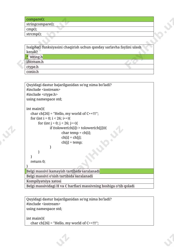 [private | protected | public] asosiy _ sinf{ sinf tanasi }; : [private | protected | public] asosiy _ sinf{ sinf tanasi }; metodga ko'rsatgichga faqat … mumkin tegishli nomga ega bo'lgan usullarning manzillarini belgilash. tegishli nomga ega bo'lgan ob'ektlarning manzillarini belgilash. faqat tegishli nomga ega bo'lgan shablonlarning manzillarini belgilang. tegishli nomga ega bo'lgan masivlarning manzillarini belgilash. sinf a’zosiga ko'rsatgich formati… qaytish_turi (sinf_ nomi:: * ko’rsatgich_nomi): int (sinf_nomi::*phealth) qaytish _ turi (sinf nomi:: *ko’rsatgich_nomi): (parametrlar); ma'lumotlar_qiymati (sinf_nomi:: *ko’rsatgich_nomi): sinf metodi uchun ko’rsatgich formati: qaytish_turi (sinf_nomi::*ko'rsatgich_nomi)(parametrlar); private: class nom : [private bazaviy_sinf {sinf_tanasi }; ma'lumot_turi (sinf_nomi::*ko'rsatgich_nomi) (sinf_nomi:: *ko'rsatgich_nomi) (parametrlar); destructor deb nima deyiladi? ob'ekt tomonidan ishg'ol qilingan xotirani bo'shatadigan usul ob'ektni olib tashlaydigan usul ob'ektni yo'q qiladigan usul ob'ekt tomonidan ishg'ol qilingan xotirani bo'shatadigan tizim funktsiyasi do'stona funksiya bu sinfda friend xususiyati bilan e'lon qilingan, lekin uni a’zosi bo’lmagan funksiya boshqa sinfning funktsiyasi, argumentlar orasida bu sinfning elementlari mavjud funktsiya, sinf …