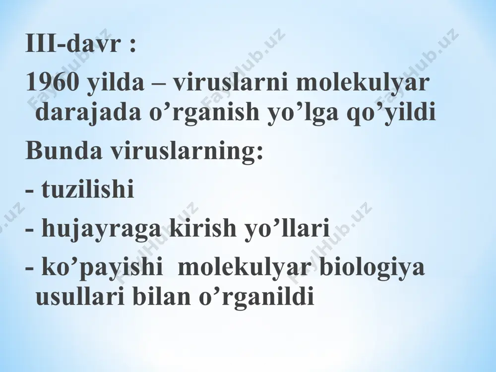 ologiyasi bilan; qanday nk tutishi bilan; qanday bakteriya hujayrasi bilan oʼzaro taʼsiri boʼyicha tuzilishi: boshchasi : dnk yoki rnk, uning ustidan oʼralgan oqsil qobiqdan iborat (ikosaedral shaklida); dum oʼsimtasi; dumida ferment joylashgan (lizotsim yoki gialuronidaza) ipsimon juda ham kalta dum oʼsimtasi bilan faglar qisqa dum oʼsimtasi bilan faglar uzun dum oʼsimtasi bilan (chexoli qisqarmaydi) faglar uzun dum oʼsimtasi bilan (chexoli qisqaradi). oʼsimtasi kanal holida boʼladi. morfologiyasi virulent (lizisga uchratadi) -suyuq oziq muhitda - qattiq oziq muhitda («blyashka» deyiladi) moʼʼtadil (hamma hujayrani lizis qila olmaydi, xromosoma ichiga oʼrnashib olishi-profag deyiladi). bakteriya hujayrasi oʼlmaydi-simbioz holatni (lizogeniya) keltirib chiqaradi, profagi boʼlgan kulturani lizogenli kultura deyiladi. diagnostikada (identifikatsiya qilishda) infektsion kasalliklarda profilaktikasi va davolashda tashqi muhit obʼektlarini bakterial ifloslanishni bilish uchun genetikada