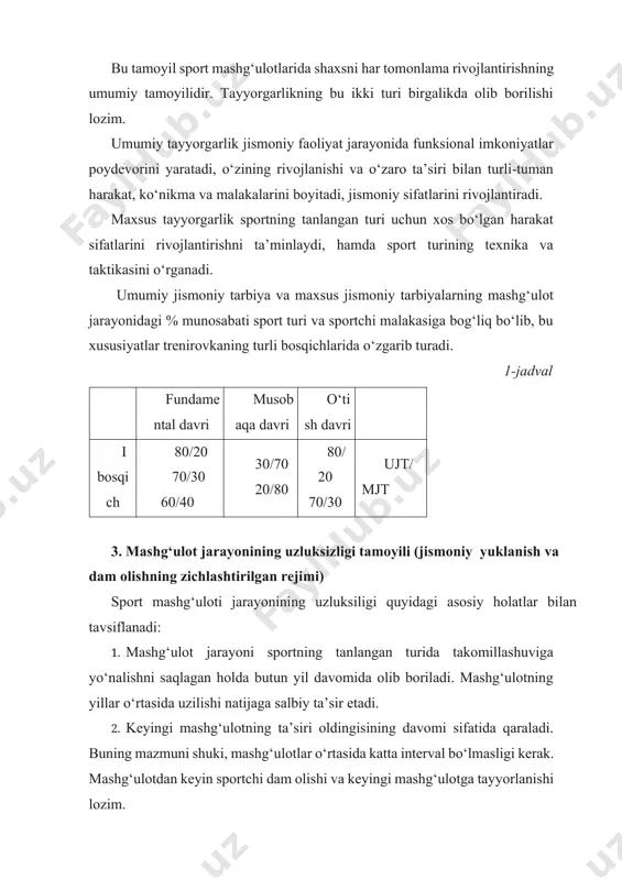 olishi va keyingi mashg‘ulotga tayyorlanishi lozim. 3. dam olish oraliqlari: a) to‘liq (ordinar), b) qattiq (subintervalli), d) ekstremal (superintervalli) mashg‘ulotlar o‘rtasida dam olish interval ish qobiliyatini tiklash va oshirishning umumiy oqimlarini aniqlovchi oraliqlarda bo‘lishi lozim, mashg‘ulotlarni qisman tiklanganlik holda doimo o‘tkazish mumkin. har bir mashg‘ulotdan keyin to‘la tiklanishni kutish mumkin emas, bo‘lmasa yuqori natijalarga erishish sodir bo‘lmaydi. mashg‘ulotlar soni yuqori malakali sportchilarda haftasiga 6–12 taga yetadi. nima uchun takror shug‘ullanish (peretrenirovka) bo‘lmaydi? chunki ba’zi mashg‘ulotlar: a – jismoniy yuklanishning yuqori mashg‘ulot talablari asosida o‘tsa, boshqalari; b – jismoniy yuklanishning qo‘shimcha harakatiga ega (boshqa mushak yoki sifatlar) hamda faol dam olish shaklida o‘tiladi. 4. mashg‘ulot talablarining asta-sekin va tobora oshirib borish tamoyili sport mashg‘ulotida jismoniy yuklanish faqat asta-sekin oshmasdan, balki maksimal oshib boradi. maksimal deganda sport bilan shug‘ullanishning ko‘p yillar davomida jismoniy yuklanishni oshirish, shuningdek sport kamolotining turli bosqichlarida chegaraviy jismoniy yuklanishlardan tizimli foydalanish tushuniladi. shunday qilib: 1) jismoniy yuklanish mashg‘ulotning …