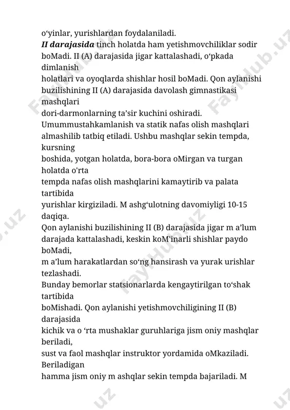 aylanishi yetishmovchiligining ii (b) darajasida kichik va o ‘rta mushaklar guruhlariga jism oniy mashqlar beriladi, sust va faol mashqlar instruktor yordamida omkaziladi. beriladigan hamma jism oniy m ashqlar sekin tempda bajariladi. m ashg‘ulotlarning davomiyligi 10-12 daqiqa va kuniga 2-3 marta omkaziladi. iii darajasida o‘pkada dimlanishlar m a’lum darajada bomib, suyuqlik yigmladi (astsit), yurakda, jigarda, buyrakda va boshqa a ’zolarda turg‘un o‘zgarishlar sodir bomadi. davolash gimnastikasi omkazilmaydi, chunki to ‘g ‘ri kelmaydi. kardioreabilitatsiya: bosqichlari, tamoyillari kardioreabilitatsiyaga yuborilgan bemorlar kr uchun ustuvor guruhlar yurak-qon tomir xavfi yuqori va juda yuqori bo'lgan bemorlardir: o'tkir koronar sindrom (acs), oim, teri osti koronar aralashuvi (pci), koronar bypass operatsiyasi (cf), yurak transplantatsiyasi va boshqa jarrohlik aralashuvlar. yurak, uning klapanlari va tomirlariga, ya'ni tegishli sharoitlarning oqibatlari bilan xalqaro kasalliklar tasnifi (icd—10) i20—i22.9, i24, i34-i39 shifrlari. kr uchun qo'shimcha kontingent icd-10 shifrlari bo'lgan bemorlarni o'z ichiga oladi: i10—i15, i25, i44—i45, i48, i50, i70—i70.9. ular qon bosimi (bp) darajasi …