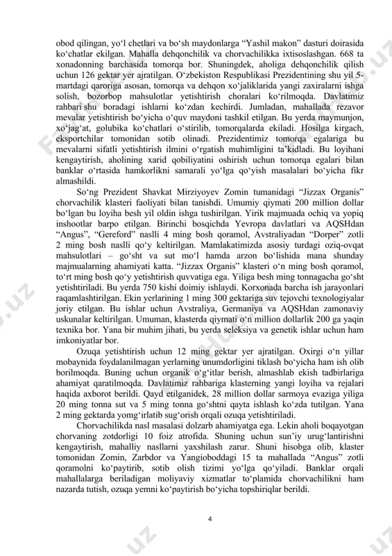 so‘m qo‘shimcha daromad olish, 2 million dollar eksportga chiqarish mumkin. shu bois zomin tumanida asalarichilik markazi tashkil qilish, quti va jihozlar ishlab chiqarish, asalni qadoqlab, eksportga yuborish vazifalari belgilandi. yangiobod tumanidagi lalmi yerda oq piyoz yetishtirish, quritish, qadoqlash va muzlatgichli omborxonani qamrab olgan klaster tashkil qilish taklifi qo‘llab-quvvatlandi. chorvachilik, baliqchilik va issiqxona xo‘jaligi uchun qulayliklar ham aytib o‘tildi. “janubiy mirzacho‘l” va “tuyatortar” kanallarini betonlash, nasoslar o‘rnatish qishloq xo‘jaligidagi imkoniyatlarni yanada kengaytiradi. mutasaddilarga bu borada uch yillik dasturni amalga oshirish bo‘yicha topshiriq berildi. sanoat rivoji uchun ham zahirlar ko‘p. masalan, xitoylik investorlar jizzaxda qurilish materiallari, kimyo, energetika, elektrotexnika, mashinasozlik, to‘qimachilik va farmatsevtika tarmoqlarida 4 milliard dollarlik 22 ta loyiha taklifini bildirgan. ularning natijasida sanoat 12 trillion so‘mga o‘sadi, 250 million dollar eksport imkoniyati yaratiladi. buning uchun zomin tumanida sanoat texnoparki tashkil etilib, 1 milliard dollar xorijiy investitsiya hisobiga 50 ta yangi mahsulot ishlab chiqarish yo‘lga qo‘yiladi. zarbdor tumanining shodlik mahallasida “jizzax” …