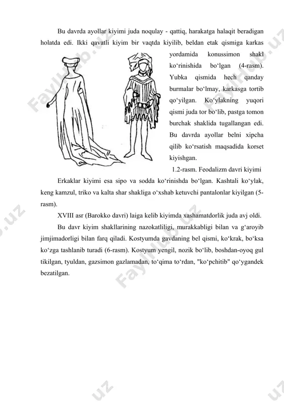 qda bo‘lib, yubka qismi esa shleyf, yumshoq taxlamalardan iborat bo‘igan. tantanali kiyimlar juda ochiq va uzun shleyfli qilib tikilgan (8-rasm). xx asr (ampir davri) shakl va gazlamalar tanlashda qat'iyan xizmatboplikni, soddalikni, bemalollikni o‘z prinsipi deb e'lon qiladi. kostyum korset, krinolinlardan gavdani xalos qiladi, ayol gavdasini ozod etadi, bashanglik haqidagi tasawur o‘zgaradi. kostyumning asosiy intilishi odam harakatlariga maksimal darajada mos bo‘lishdan, gavdani ezmaslik, uni o‘ziga bo‘ysundirmaslikdan, balki, individuallikni ro‘yobga chiqarishdan iborat bo‘ladi (9, 10-rasmlar). xx asr dunyodagi bolayotgan voqealar kiyimga o‘z ta’sirini o‘tkazadi. 20-yillarda kiyimni ixchamlashtirish, bo‘yini kaltalashtirish, etaklarini toraytirishni, oddiy bichimligini kiyimlarda ko‘rish mumkin. shu davrning taqchilligi va sinflanishi, tenglashuvi, asosan, oddiy matolardan ixcham ko‘rinishdagi kiyimlar tayyorlanishiga sabab bo‘lgan. 30-40-yillardan so‘ng kiyimni kiyilish o‘rniga qarab uslub bo‘yicha kiyiladigan bo‘ldi, ya’ni klassik, sport, fantaziya uslubi va keyinchalik erkin uslub paydo bo‘ldi. klassik uslubda — rasmiy ko rinishda ko‘chahk kiyimlar tushunilsa, sport uslubida faqat sport mashg‘ulotlari uchungina emas, balki harakat qilish uchun, …