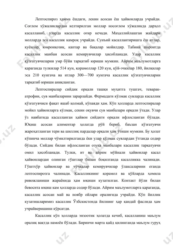 з навбатида бу даврга келиб лизин ва агглютининлар пайдо бўлади. ўлган ҳайвонда лептоспиралар асосан буйрак, жигар ва бошқа аъзоларда кўп тўпланади. касалликнинг клиник белгилари намоён бўлиши биланоқ лейкоцитлар сони кўпайиб, эритроцит ва гемоглобин камаяди. эчт тезлашади. лептоспиралар кўпайишида ажралиб чиққан токсин ва бошқа моддаларнинг тана ҳароратини бошқарадиган марказга таъсир кўрсатиши иситма кўтарилишига сабаб бўлади. одатда сарғайиш ва гемоглобинурия юзага келиши билан иситма тушади. айрим ҳолларда у бутун касаллик давомида сақланиши мумкин. баъзан иситма бир неча марта қайтарилади (рецидив). лептоспирозда маълум миқдорда эритроцитларнинг гемолиз ҳолати содир бўлади. бу ҳолат ўз навбатида қонда гемоглобин ошиб кетишига олиб келади. шу туфайли гемоглобинурия кузатилади. у ҳам иситма сингари такрорланавериши мумкин. касалликнинг охирига келиб тўқималарда билирубин тўхтаб, шилимшиқ пардаларни сарғайтириб юборади. жигарда дегенератив ўзгаришлар содир бўлади. қонга ўт туша бошлайди. интоксикация кучайиши натижасида тери ва шиллиқ пардалардаги капиллярлар деворининг қаттиқ зарарланиши қон қуйилишига олиб келади. айрим ҳолларда қон томирларида тромб пайдо бўлади, натижада тўқималарнинг озиқланиши …