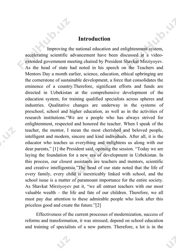 reate the future.”[2] effectiveness of the current processes of modernization, success of reforms and transformation, it was stressed, depend on school education and training of specialists of a new pattern. therefore, a lot is in the hands of school principals and teachers, the selfless people who bring knowledge, culture and spirituality to villages and cities. the school should be not merely an educational institution, but also a cultural and intellectual center of the mahalla. as you may know, a draft presidential decree has been developed in order to rationalize the education and upbringing system of the country, to accelerate the development of science. the document was posted on the portal regulation.gov.uz and is currently widely discussed, including in local kengashes (councils, local representatives bodies of government) and school teams with the participation of parents.the draft decree sets out the goals whose furthering is expected to allow for solving the current …