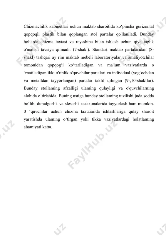 shakllar, hajmiy qo'llanmalar — model va detal namunalari)dan har birining o‘z afzallik tomonlari bor. o'qituvchi butun dars davomida vaziyatni qo‘lda saqlashi va o'quvchilar diqqatini jalb qilib turishi kerak. busiz ta’limning pedagogik maqsadlariga erishish mumkin emas. shuning uchun yuqorida aytilganidek, sinf doskasida doimiy mashq qilib borish o'qituvchining og‘ir faoliyatidagi muvaffaqiyati garovidir. ish muvafîaqiyatini faqatgina yaxshi grafika va sinf doskasida tez chizma bajarishgina hal qilmaydi. o‘qituvchi darsga tayyorlanish jarayonida chizmaning sinf doskasida joylashish, ko‘rinishi komponovkasini ham puxta o’ylab olishi kerak. o‘quvchilaming murakkab detallar bo'yicha grafik materiallarini yuzaki, rasman o'zlashtirishlaridan saqlanish uchun sinf doskasida bajariladigan chizmalarini metodik jihatdan to’g‘ri ketma-ketlikda, bosqichlar bo’yicha bajarib borish kerak. doskada ishlash metodikasini o'quvchiiarga ko‘rsatib borishning ahamiyati juda katta. agar o‘qituvchi doskada chizma bajarish jarayonida gavdasi bilan doskani to‘sib, butun diqqatini chizma bajarishga qaratsa, sinf bilan aloqa uziladi, uni qayta tiklash uchun qo‘shimcha vaqt va o'qituvchi mahorati talab qilinadi. buning bilan o‘quvchilarda mavzudan chalg‘ib, dars jarayoniga nisbatan salbiy …