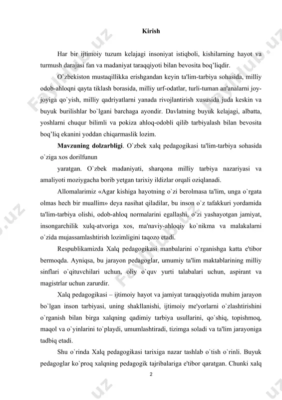 uv yurti talabalari uchun, aspirant va magistrlar uchun zarurdir. xalq pedagogikasi – ijtimoiy hayot va jamiyat taraqqiyotida muhim jarayon bo`lgan inson tarbiyasi, uning shakllanishi, ijtimoiy me'yorlarni o`zlashtirishini o`rganish bilan birga xalqning qadimiy tarbiya usullarini, qo`shiq, topishmoq, maqol va o`yinlarini to`playdi, umumlashtiradi, tizimga soladi va ta'lim jarayoniga tadbiq etadi. shu o`rinda xalq pedagogikasi tarixiga nazar tashlab o`tish o`rinli. buyuk pedagoglar ko`proq xalqning pedagogik tajribalariga e'tibor qaratgan. chunki xalq pedagogikasi tarbiya haqidagi fanni boyitadi va unga tayanch bo`lib xizmat qiladi. o`zbek xalqi bugungi mustaqillikni qo`lga kiritgan bir davrda ota-bobolar, ajdodlar erishgan yutuqlardan faxrlangan holda ularning boy tajribalarini chuqur tahlil va tadqiq etish puxta o`rganish zarur. bu esa yoshlarda bobolar ishlaridan, nasl-nasabidan faxrlanish tuyq’ularini vujudga keltiradi va ular o`tmish an'analariga sodiq bo`lishga harakat qiladilar. tarbiya – doimiy va izchil takrorlash, ishontirish mevasidir. boshqacha aytganda doimiy va izchil takrorlash, dalillar asosida tushuntirish ishonch tuyq’ulari hosil qilinadi. birinchi prezidentimiz aytganlaridek, biz kelajagimizni bugungi yoshlarga ishonib …