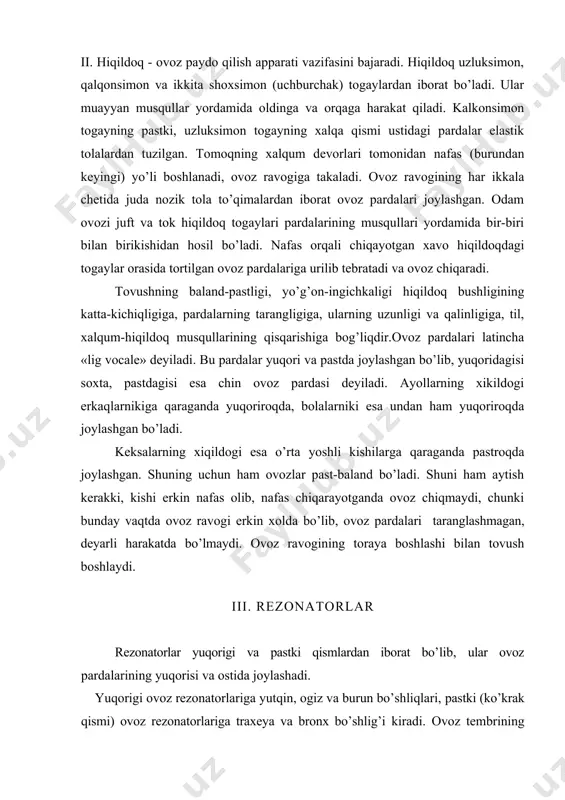 ayrimlari ulami birlashtiradi. agar ovoz pardalari o’zining butun massasi bilan tebransa, ko’krak registridagi tovush, ovoz pardalari faqat chekkasi bilan tebransa yuqori registrdagi tovush yuzaga keladi. honandaning ovozi tovush kuchi, tembri va balandligi bilangina emas, balki diapazoni bilan ham xarakterlidir. ovoz diapazoni eng past tovushdan eng baland tovush oralig’idagi xajmni o’z ichiga oladi. odam ovozining butun diapazonini registrlarga bo’lish mumkin. registr ovoz diapazonining bir qismi bo’lib, tembr va tovush yo’nalishining bir-biri bilan moyilligiga asoslanib aniqlanadi. odam ovozini past (ko’krakdan chiquvchi tovushlar), o’rta (aralash) va yuqori (bosh bilan bog’liq tovushlar) registrlarga bo’linishi qabul qilingan. iv. bolalar ovozi ko’krak aralash (mikst) va bosh (faltset) registrlardan iborat. bolalar ovoz apparatining tuzilishi va rivojlanishi xususiyatlariga qarab har bir yosh gruppasi individual registrdagi ovoz tuzilishiga ega. kichiq gruppa bolalari (7 dan-10 yoshgacha) ovozining diapazoni kichiq bo’lib, yengil faltset (bosh registrdagi) sadosi bilan ajralib turadi. o’rta yoshdagi bolalar ovozlarida (11-15 yosh), ayniqsa, o’g’il bolalarda ko’krak registrdagi tovush …