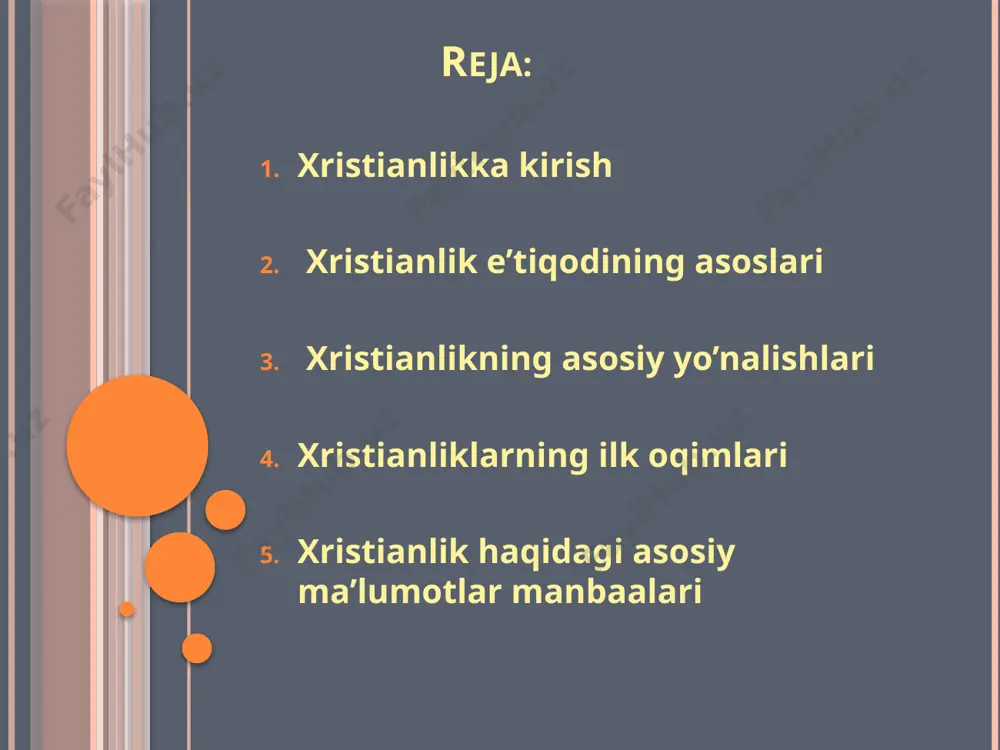 'ana va amaliyotga ega. 👉xristianlik o'z manbalarini bibliya ta'limotidan oladi, bu imonlilarni e'tiqodida boshqaradigan va xristian ta'limotiga asos bo'ladigan muqaddas matnlar to'plamidir. xristianlikdagi ilk oqimlar 👉xristianlikning paydo bo'lishi sevgi, kechirimlilik va rahm-shafqatni ta'kidlaydigan iso masihning ta'limotiga asoslangan e'tiqod tizimini keltirib chiqardi. 👉xristianlikdagi ilk oqimlar turli teologik bahslar va talqinlarni o‘z ichiga oladi, bu esa din ichida turli oqim va sektalarning shakllanishiga olib keladi. 👉ilk nasroniylik e'tiqodlarining asosiy manbalariga yangi ahd oyatlari, cherkov otalarining yozuvlari va ilk nasroniy jamoalarining tarixiy ma'lumotlari kiradi. xristianlik e’tiqodlari vaqt o’tishi bilan o’zgarishi 👉xristianlikning paydo bo'lishi tavhid, iso masih orqali najot va bir-birini sevish kabi yangi e'tiqodlarni olib keldi. 👉xristianlik katoliklik, sharqiy pravoslavlik va protestantizm kabi turli xil asosiy yo'nalishlarga aylandi, ularning har biri o'z ta'limotlari va amaliyotlariga ega. 👉vaqt o'tishi bilan nasroniylik e'tiqodlari turli madaniyatlar, falsafiy g'oyalar va ilmiy kashfiyotlar bilan o'zaro ta'sir qilish orqali o'zgarib, boy va xilma-xil e'tiqod an'analariga olib keldi. e’tiboringiz uchun …