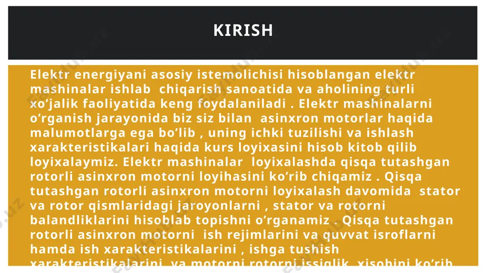 lama va magnit induksiyani aniqlash tish bo’linmasining chegaraviy qiymatlarini 3-rasmdan va bo’lishi mumkin bo’lgan tishlar soni oralig’ini aniqladim: tz1max=10 mm va tz1min=9 mm. bu qiymatlar yordamida stator pazlarini aniqlab oldim z = 72 ta . bu punktida asosan pazdagi oʻramlar sonini w=206 , elektromagnit yuklama a=30* a/m , mashina hovo oraligʻini magnit oqimini =4,66* vb va magnit induksiyalarni =0.88 tl hisobladim . stator choʻlgʻamidagi tok zichligini j1=7*10⁶ a/m² . stator cho’lg’ami pazlari, o’ramlari soni va kesm yuzalarini tish qatlami va xavo oralig’i o’lchamlarini aniqlash 3-rasm . tish boʻlinmasining chegaraviy qiymatlari stator tishining kengligi bz1=4,8 mm , stator pazining balandligi hp= 25,27mm va motorni statorini yuqori b1=6 mm va pastki tomoni uzunligi b2=4,63 mm , choʻlgʻam joylashdigan balandlik h1=8,7 mm va simlar joylashi uchun pazning koʻndalang kesim yuzasini s’p= 45,52mm² boʻldi. stator cho’lg’ami pazlari, o’ramlari soni va kesm yuzalarini tish qatlami va xavo oralig’i o’lchamlarini aniqlash ish rejimlari parametrlarini hisoblashda stator …