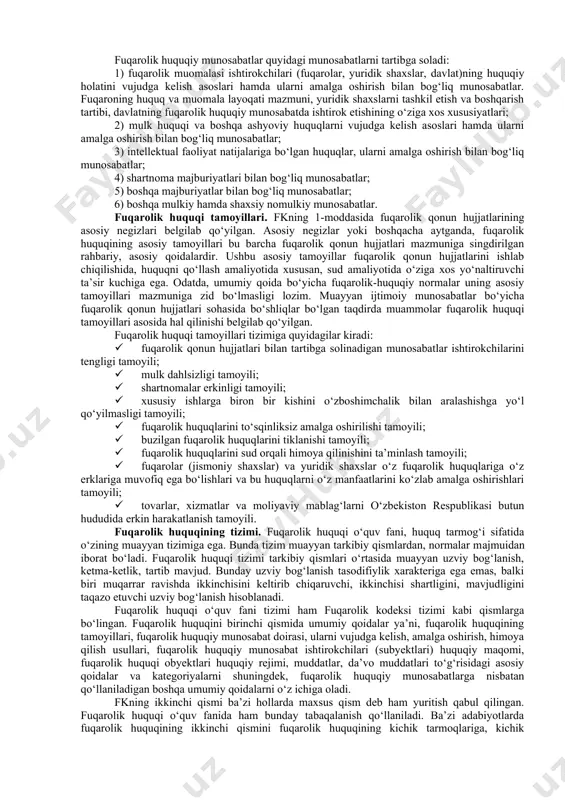 tartibini belgilaydi, shartnoma majburiyatlari va o‘zga majburiyatlarni, shuningdek, boshqa mulkiy hamda u bilan bog‘liq shaxsiy nomulkiy munosabatlarni tartibga soladi. bundan ko‘rinib turibdiki, bunday munosabatlarning asosiy qismini mulkiy munosabatlar tashkil qiladi. fuqarolik huquqiy munosabatlar quyidagi munosabatlarni tartibga soladi: 1) fuqarolik muomalasi ishtirokchilari (fuqarolar, yuridik shaxslar, davlat)ning huquqiy holatini vujudga kelish asoslari hamda ularni amalga oshirish bilan bog‘liq munosabatlar. fuqaroning huquq va muomala layoqati mazmuni, yuridik shaxslarni tashkil etish va boshqarish tartibi, davlatning fuqarolik huquqiy munosabatda ishtirok etishining o‘ziga xos xususiyatlari; 2) mulk huquqi va boshqa ashyoviy huquqlarni vujudga kelish asoslari hamda ularni amalga oshirish bilan bog‘liq munosabatlar; 3) intellektual faoliyat natijalariga bo‘lgan huquqlar, ularni amalga oshirish bilan bog‘liq munosabatlar; 4) shartnoma majburiyatlari bilan bog‘liq munosabatlar; 5) boshqa majburiyatlar bilan bog‘liq munosabatlar; 6) boshqa mulkiy hamda shaxsiy nomulkiy munosabatlar. fuqarolik huquqi tamoyillari. fkning 1-moddasida fuqarolik qonun hujjatlarining asosiy negizlari belgilab qo‘yilgan. asosiy negizlar yoki boshqacha aytganda, fuqarolik huquqining asosiy tamoyillari bu barcha …