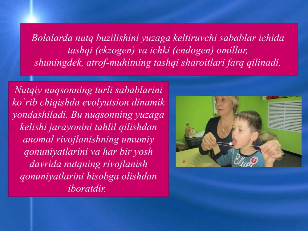 holda ifodalash, so`zlarning ko`p ma`noga ega bo`lmasligi xarakterli xususiyat hisoblanadi. tovushlar talaffuzida turg`unlik bo`lmaydi, tovushlar bir-biri bilan almashtiriladi, fonematik o`quv buzilgan bo`ladi. nutq to`liq rivojlanmaganligining bu darajasiga ega bo`lgan bolalar uchun tovushlar analizi bo`yicha berilgan topshiriqlar tushunarsiz bo`ladi. nutq to`liq rivojlanmaganligining ii darajasi: dastlabki keng qo`llaniladigan, odatdagi nutqning bo`lishi bilan xarakterlanadi. bolalar oddiy jumlalardan foydalana biladilar, ma`lum lug`at boyligiga ega bo`ladilar. ular narsalar, hodisalar, alohida belgilar nomini ajrata oladilar. lekin bunday bolalarda nutqning qo`pol darajada rivojlanmaganligi yaqqol ifodalangan bo`ladi. ular ikki-uch so`zdan iborat gaplardan foydalanadilar. lug`at boyligi shu yoshga mos keladigan normadan kam bo`ladi. umumlashtiruvchi so`zlarni (mebel, kiyim, sabzavot, mevalar va boshqalarni) bilmasligi kuzatiladi. harakat, belgini bildiruvchi so`zlardan foydalanishda qiyinchiliklar kuzatiladi, predmet nomini, rangini, shaklini, o`lchamini va boshqa belgilarini bilmaydilar. nutq to`liq rivojlanmaganligining iii darajasida: nutqida leksik-grammatik va fonetik-fonematik jihatdan rivojlanmaganlik elementlari kuzatiladi. bolalar nutqga ega bo`lganda kishilar bilan aloqa bog`lay oladilar, lekin buni ota-ona (tarbiyachi) ishtirokida, ularning muayyan tushuntirishlari …