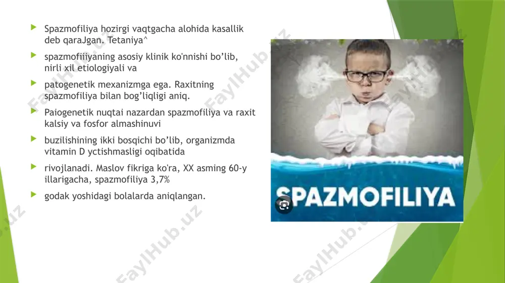 boqishga o’tish bilan bog*liq. kamhollarda chaqaloqlarda gipokalsiemiya ona organizmida kalsiy va vitamin d yetishmasligi natijasida paydo bo’ladi. chaqaloqlarda gipokalsiemiya nerv-mushaklaming tarqalgan yuqori qo’zg’aluvchanligi va talvasa, respirator simptomlar, taxikardiya, qayd qilish natijasida yuzaga keladi tashxislash spazmofiliya tashxisini qo’yish uchun agar klinik simptomatika kuzatilsa,qonni biokimyoviy tekshiruvi : kalsiy va fosfor miqdor, kislota –ishqor muvozanatini aniqlashdan iborat.agar raxit belgilari bo’lsa kasalikni rekovalensiya davrini tasdiqlaah uchun skletni rentgenologik tekshiruvi o’tkaziladi. davosi yashirin va aniq spazmofiliyada 10% u_kalsiy xlor eritmasi bir choy yo'ki desert qoshiqdan yoki'*kals[y_ glyukonat 1 -2_grdan kuniga .3 mahai tavsiya etiladi. laringospazmning yengil xurujlari toza havo yo’rdamida bartaraf etiladi (toza havo kirishi ta’minlanadi), yuzga sqvuq suv sepiladi; choziluvchan xurujlarda til o’zagi va tomoqorqa devori qo’zg’atiladi, sun’iy nafas - birinchi nafas olish paydo bo’lgunga qadar o'tkaziladi. tetaniyada va karpopedal spazmda b-2%li xlorgidrat eriimasi bir choy qoshiqda yoki desert qoshiqda tavsiya etiladi, vena ichiga 10-15 ml 10% kalsiv xlor^yo’ki glyukonat, keyin ichishga kalsiy 0,1-0,15 …