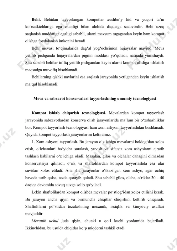 atilgan shaftolilar par yordamida blanshirovka qiladigan lentaning setkalariga joylanadi va 2 – 3 daqiqa davomida blanshirovka qilinadi. so‘ngra qo‘l kuchi yordamida osonlik bilan po‘stlog‘idan ajratiladi. shafloti, behi, mandarin, apelsin, noklarning po‘stlog‘idan xolos etishning kimyoviy usuli eng keng tarqalgan usul hisoblanadi. bu usul ishqor eritmasining protopektinni parchalashi va hujayraning epidermik qobig‘iga ta’sir ko‘rsatishiga asoslanadi. bundan ishlov berish natijasida suvda eriydigan pektin hosil bo‘ladi va po‘stloq etdan osonlik bilan ajraladi. ishqor eritmasining konsentratsiyasi, uning harorati va ishlov berish berish vaqti xom ashyoning turiga, holatiga va dastlabki ishlov berilganligiga ko‘p darajada bog‘liq bo‘ladi. shaftolilarni po‘stlog‘idan kimyoviy yo‘l bilan tozalashda natriy ishqorining 2 – 3 % li eritmasidan foydalaniladi. bunda tayyorlangan xom ashyo eritmada 40 – 60 soniya davomida ushlab turiladi. shaftolilarning po‘stlog‘i yaxshi tozalanmagan holatlar esa xom ashyoni uzoqroq muddatda, ya’ni 90 soniyadan ortiq bo‘lmagan muddatda ushlab turish tavsiya etiladi. bunda xom ashyoni yanada uzoqroq muddat eritmada ushlab turish maqsadga muvofiq emas, chunki …