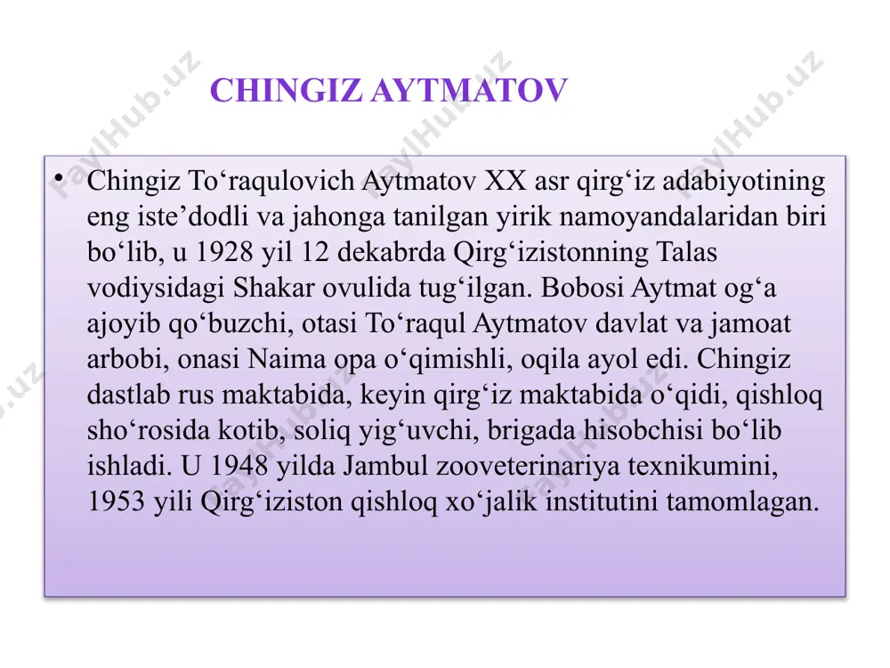 b-chatishib ketadi. tulki, bo`ri, it, tuya, ot, kalxat, baliq singari xonaki va yirtqich hayvonlar, jonivorlar ham o`ziga xos “adabiy personajlar” bo`lib gavdalanadi. ch.aytmatov romanlarida, mavzu va uslub rang-barangligi ichra real hayot, jo`n qirg`iz turmush taxliti tasviri qayerdan boshlanadi-yu hayratomus afsona, rivoyat va fantastika qayerda tugashini aniqlash qiyin. roman voqealari asosan bir kunda bo’lib o’tadi.temir yo’l bekati xizmatchisi edigeyning qadrdon do’sti kazangap qazo qiladi. kazangap do’sti edigeydan o’zini ona bayit qabristoniga dafn etishni vasiyat qilgan. edigey do’sti vasiyatini amalga oshirishga kirishadi. biroq bu oliyjanob xatti-harakat ketma-ket xilma-xil to’siqlarga duch keladi,edigey bu to’siqlar qarshisida keskin ruhiy iztiroblar,chuqur azobli o’y mushohadalar olovida o’rtanadi, butun vujudi, dard-u dunyosi azobli o’y-mushohadalar olovida o’rnatadi, butun vujudi, dard-u dunyosi ostin-ustin bo’lib ketadi; ana shu iztirobli daqiqalarda o’zining do’sti bilan o’tkazgan mashaqqatli umr yo’li, xilma–xil voqealar, sarguzashtlar ko’z oldidan o’tadi. qadrdon hamrohi qoranor tuya hangomasi, ona bayit qabristoni bilan bog’liq rivoyat, kosmos safariga oid fantastik lavha, yana ko’plab …