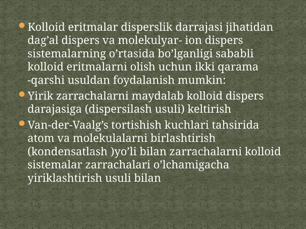 ta bo’lsa, dispers faza bilan dispers muhitlarning nur sindirish ko’rsatkichlari o’rtasidagi farq qanchalik katta bo’lsa, shuningdek nur to’lqin uzunligi kichik bo’lsa tarqalgan nurning ravshanligi aniq bo’ladi. kolloid zarrachalari nurni tarqatish qobilyatiga ega bo’lganligi sababli ko’pgina rangsiz zollar tarqalgan nur tahsirida havo rangga (loyqasi ham) kiradi. o’tayotgan yoruqlikda esa zollar qizil, sariq yoki to’q sariq rangda ko’rinadi. agar dispers faza zarrachalarining o’zi rangli bo’lsa, kolloid eritma rangi yana ham ravshanroq bo’ladi. kolloid sistemalarning molekulyar – kinetik xossalari zollarning dispers faza zarrachalari erituvchi molekulalari tahsiri ostida uzliksiz va betartib harakatda bo’ladi. birinchi bor bu hodisani ingliz botanika olimi r. broun tomonidan 1827 yilda kuzatilgan bo’lib, uning nomi bilan broun xarakati deb yuritiladi. lui va eksper broun xarakatining tabiati molekulyar – kinetik bo’lib, u issiqlik xarakati natijasida vujudga keladi degan mulohazaga keldilar. issiqlik va broun xarakati tahsiri ostida eritmada zarrachalarni barobar taqsimlanish jarayoni diffuziya deb nomlanadi. diffuziya faqat molekulyar eritmalardagina emas, balki kolloid …