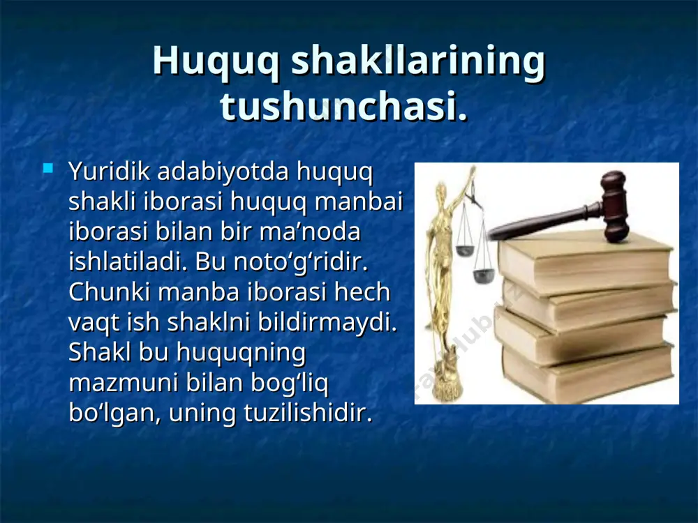 iy hujjatlar yuridik kuchiga, mazmuni, xarakteri, harakat qilish doirasi va qaysi davlat organi chiqarganiga qarab tasniflanadi. normativ huquqiy xujjatlar yuridik kuchiga qarab konun va qonun asosida chiqarilgan aktlarga bo‘linadi, hajmi va xarakteriga qarab davlat huquqiga, harakat qiluvchi, umumiy cheklangan, favqulotda holat (tabiiy ofat, harbiy holatlar sababli) normativ huquqiy xujjatlarga bo‘linadi. ko‘ramizki normativ huquqiy hujjatlarga — davlat konstitutsiyasi, turli qonunlar, kodekslar, qarorlar, buyruqlar, yo‘riqnomalar va nizomlar kiradi. qonun hozirgi zamon davlatlar normativ huquqiy hujjatlari ichida eng muhim o‘rin egallaydi. qonun eng muhim jamiyat va davlat tuzilishini huquqiy asoslarini tartibga soladi. qonun davlat hokimiyatining oliy organi tomonidan chaqirilgan oliy yuridik kuchga ega bo‘lgan, jamiyatdagi barcha millat, elatlarning va xalqning manfaatlarini ifodalagan, ular o‘rasida turli ijtimoiy munosabatlarni tartibga soluvchi turmush qoidalarining yig‘indisidir. qonunning belgilari quyidagilardan iborat: 1) davlat hokimiyatining oliy vakillik organi tomonidan chaqirilishi; 2) qonunning oliy yuridik kuchga egaligi; 3) uning normativ huquqiy xarakterga ega bo‘lishi; 4) qonunda jamiyatdagi barcha millat, elat …