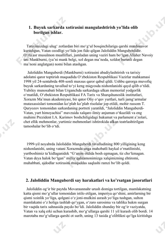 ‘ri urganchga keladi. tez orada unga xo‘jand hokimi temur malik va boshqa erksevar kishilar kelib qo‘shiladilar. xalq jaloliddin manguberdini shod-u-xurramlik va katta umid bilan kutib oladi. lekin inisi o‘zloqshoh va uning tarafdorlari unga qarshi fitna tayyorlayotganidan xabar topgach, bu ahfolda mo‘g‘ullarga qarshi kurashib bo‘lmasligini tushungan jaloliddin 300 ta kishisi bilan yashirincha xorazmni tark etadi. hozirgi davrdagi yangi tadqiqotlar shuni ko‘rsatayaptiki, jaloliddinning mo‘g‘ullar bilan ilk to‘qnashuvi avval boshida jand viloyatidagi irg‘iz dashtida bo‘lgan ekan. jaloliddin 16 kun ichida xorazmdan xuroson yerlaridagi niso qo‘rg‘oni atrofiga yetib keladi. chingizxon sulton o‘g‘illarining xorazmga qaytganliklaridan xabar topgach agarda ular xurosonga chekinmoqchi bo‘lsalar, ularga qarshi chiqadi degan maqsadda o‘z qo‘shinidan xurosonning har yeriga pistirmalar qo‘yadi. jaloliddin niso yaqinida o‘zining 300 ta askarlari bilan mo‘g‘ullarning 700 kishilik qo‘shinini zarbaga uchratadi. mo‘g‘ullar batamom mag‘lub etiladi. bu vaqtda jaloliddinning ukalari o‘zloqshoh va oqshohlar sarosimaga tushib, nima qilishlarini bilmay, jaloliddin ketidan ular ham xurosonga ketishadi. mo‘g‘ullarning kichik otryadi ustidan g‘alaba …