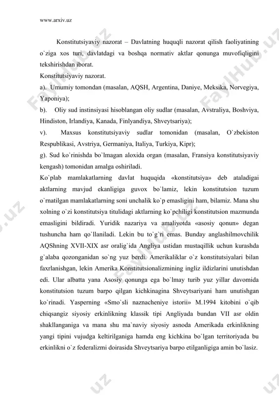 hamda eng kichkina bo`lgan territoriyada bu erkinlikni o`z federalizmi doirasida shveytsariya barpo etilganligiga amin bo`lasiz. agar konstitutsiya va asosiy qonunni aynan deb bilsak, unda buyuk britaniyaga konstitutsion davlat deb atash noto`g`ri bo`lardi, zero buyuk britaniyada asosiy qonunlarning o`zi yo`q. lekin konstitutsiyaning vatani sifatida angliyaga konstitutsion ijodkorligida birinchilikni berishga to`g`ri keladi. har doim ham konstitutsiya tushunchasi bilan yuridik ustivorlikni bog`lash noto`g`ridir, chunki yuridik ustivorlik asosiy qonunga xosdir. masalan, eronda konstitutsiya deb nomlangan akt qabul qilingan. biroq oliy yuridik kuchga kur`oni karimgina ega. demak, konstitutsiya va asosiy qonun tushunchalari bir-biriga mos kelmaydi, lekin ular kesishadilari “konstitutsiya” iborasini qadimgi davlatlardayoq ishlatishgan. antik dunyoda konstitutsiyaning mazmuni xozirgidan sal boshqacha bo`lgan. qadimgi gretsiyada kostitutsiya deganda idora qilish, o`rnatishni tushunishgan. qadimgi rimda esa konstitutsiya deb turli mazmun va ahamiyatga ega bo`lgan huquqiy manbalarga aytishgan. yustinian kodekslari konstitutsiyalar deb yuritilgan. so`nggi rim davrida ijro hokimiyatining aktlari, ya`ni dekretlar, ediktlar, reskrintlar konstitutsiyalar deb atalgan. xozirgi konstitutsiya ma`nosidagi ibora …