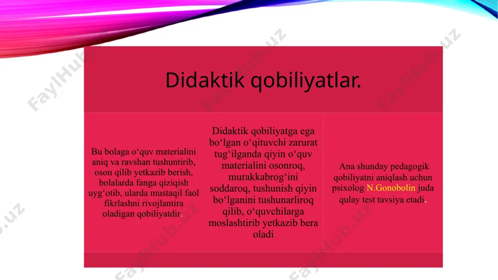 i haqida so‘z ketganda shuni ham aytish joizki, qachon o‘quvchilar o‘qituvchining ijobiy xislatlari to‘g‘risida gapirar ekanlar, ular hamisha o‘qituvchining adolatliligi kabi xislatlarini birinchi o‘ringa qo'yadilar. pedagogik xayol - bu kishining o‘quvchilar shaxsini tarbiyaviy tomondan loyihalashtirishda o‘z ish-harakatlarining natijasini oldindan ko‘ra bilishda namoyon boladigan qobiliyatdir. bu qobiliyat o‘qituvchi ma’lum o‘quvchidan kelgusida kim chiqishini ko‘z oldiga keltirishida, tarbiyalanuvchilarda u yoki bu xildagi xislatlarning rivojlanishini oldindan ko‘ra bilishida namoyon bo‘ladi. bu qobiliyat pedagogik optimizm, tarbiyaning kuchiga, o‘quvchilarga bo‘lgan ishonch bilan bogliqdir. pedogogik qobilyatlar qobiliyatli, tajribali o‘qituvchi bir vaqtning o‘zida o‘z diqqat-e’tiborini o‘quv materialining mazmuniga, uning qanday bayon etilishiga, o‘quvchi fikriga qaratadi va shu bilan bir qatorda barcha o‘quvchilarni kuzatib, ularning hissiy-emotsional holatlariga, e’tiborli yoki e’tiborsizligiga, darsni tushunish-tushunmasligiga ahamiyat berib, o‘quvchilarning intizomini kuzatadi hamda oqibat natijada o‘zining shaxsiy xulq-atvoriga ham (yurish-turishiga, o‘zini tutishiga, mimika va pantomimikasiga) e’tibor beradi. diqqatni taqsimlay olish qobiliyati — bu qobiliyat bir vaqtning o‘zida diqqatni bir qancha faoliyatga qarata olishda …