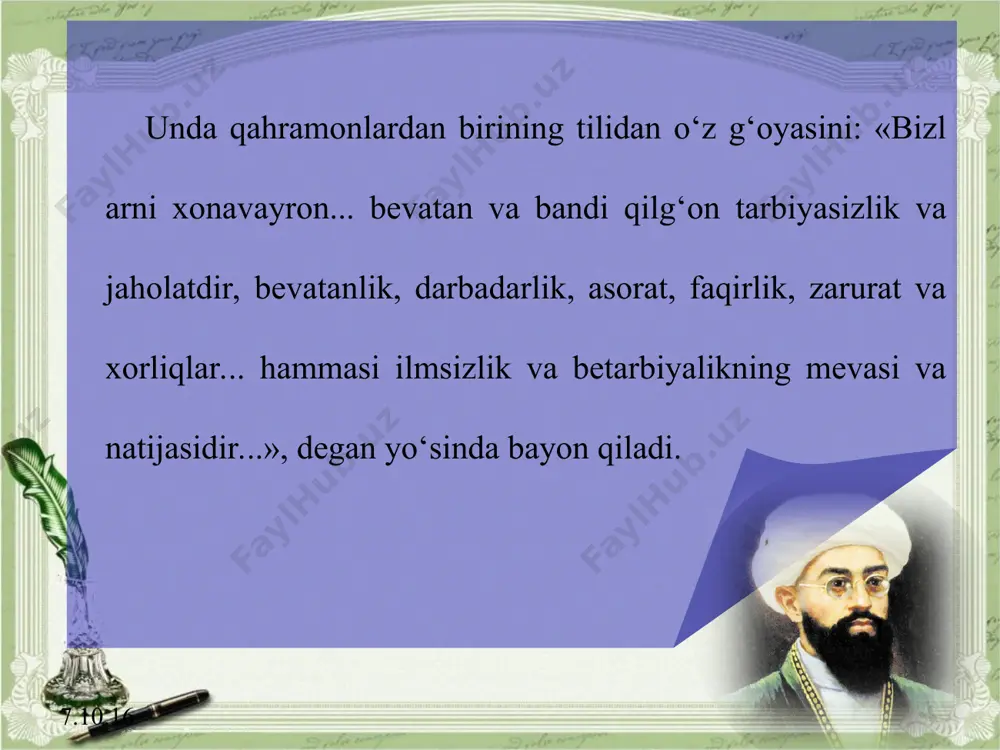 o‘g‘il ham «qurboni jaholat» - jaholat qur-boniga aylandi. drama oxirida ziyoli muallif g‘oyasini «ilm va tarbiyasiz bolalarni(ng) oqibati shuldir. agarda bularni otasi o‘qutsa edi, bu jinoyat va padarkushlik alardan sodir bo‘lmas va bular ichkilikni bo‘yla ichmas... edi. dunyoga taraqqiy qilgan xalq ilm vositasida taraqqiy qiladi» degan tarzda bayon etadi. mulohaza qilib ko‘ring, muhtaram o‘quvchi! ilm-fan hamma zamonlar uchun zarur va muhim bo‘lgan. olimlar jamiyat taraqqiyoti uchun ma’naviy tayanch vazifasini bajaradi. 7.10.16 shu jihatdan «padarkush» dramasida aytilgan ilmga doir qarashlar, jaholatga qarshi ma’rifat yo‘lidan yurish zarurligi bugun ham ahamiyatli. mahmudxo‘ja behbudiyning ushbu dramasi xx asr bosh-larida yozilgan bo‘lsada, hozirgi kun bilan ham chambarchas bog‘liq. chunki uning zamirida ma’naviy-ruhiy, tarbiyaviy ma’no yotadi. tarbiya hech qachon eskirmaydigan hamda tugal yechimi topilishi mushkul bo‘lgan masalalardandir. insonni yoshligidan tarbiyalash lozim. odam farzandini ham navni-hol daraxtga mengzash mumkin. uni qay tomonga yo‘naltirib tarbiyalansa, umrining oxirigacha ana shu yo‘ldan boradi. mahmudxo‘ja behbudiy juda qisqa sahna asari vositasida …