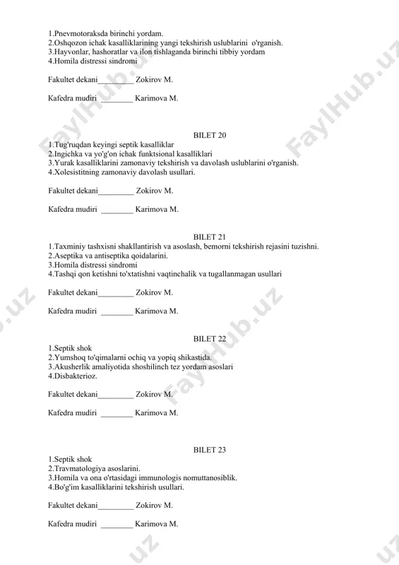 va davolash algoritmi fakultet dekani_________ zokirov м. кafedra mudiri ________ karimova м. bilet 29 1.homila va ona o'rtasidagi immunologis nomuttanosiblik. 2.aseptika va antiseptika qoidalarini. 3.taxminiy tashxisni shakllantirish va asoslash, bemorni tekshirish rejasini tuzishni. 4.oshqozon ichak kasalliklarining yangi tekshirish uslublarini o'rganish. fakultet dekani_________ zokirov м. кafedra mudiri ________ karimova м. bilet 30 1.yurak kasalliklarini zamonaviy tekshirish va davolash uslublarini o'rganish. 2.ingichka va yo'g'on ichak funktsional kasalliklari 3.tug'ruqni og'riqsizlantirishning zamonaviy usullari. 4.qoqsholni spesifik va nospesifik profilaktikasi. fakultet dekani_________ zokirov м. кafedra mudiri ________ karimova м.