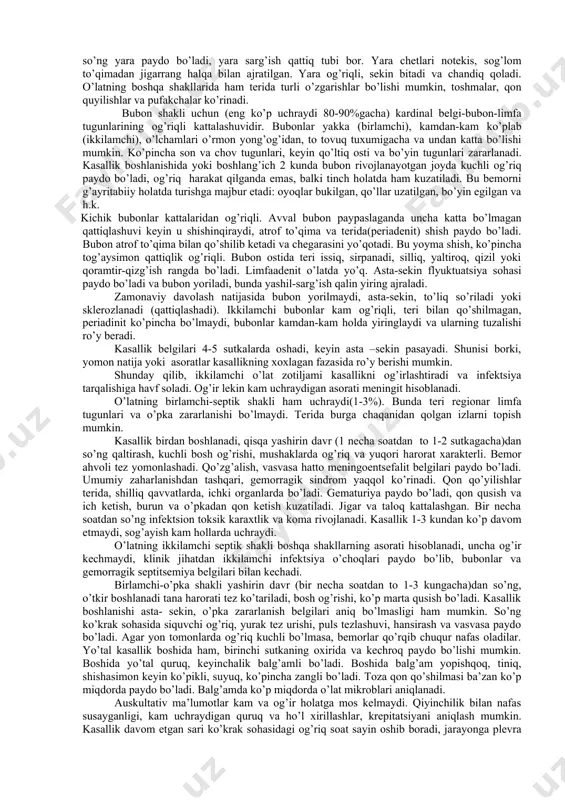 oyillik yuqori, kasallikdan so’ng umrbod immunitet hosil bo’ladi. klinikasi. yashirin davr (3-6 kun)dan so’ng kasallik kuchli qaltirash, yuqori harorat ko’tarilishi bilan o’tkir boshlanadi (39-40°cgacha). kuchli bosh og’rig’i, bosh aylanishi, holsizlik, mushaklarda og’riq, ko’ngil aynishi va qusish harakterli. ba’zi bemorlar es hushi qorong’ilashgan, tormozlashgan holatda, ba’zilarida esa es hushi to’liq saqlangan bo’ladi. vasvasa va gallyutsinatsiyalar bilan psixomotor qo’zg’alishlar ham bo’lishi mumkin. bemorlar yotog’idan o’zlarini u yoq bu yoqqa tashlaydilar, oqsoqlanib yuradilar, yuzlari va kon’yuktivalari qizargan, so’zlarga tushinib bo’lmaydi. yuz tuzilishi o’tkirlashgan, tsianotik va qoramtir, keyin esa yuzlari so’lgan, ko’z osti qoramtir bo’ladi. qarashlari harakatsiz, huddi ko’rmayotgandek, yuzda azob, qo’rquv, umidsizlik aks etgan. terisi quruq va issiq, katta o’lchamlardi gemmoragiyalar va petixiyalar bo’ladi. tilida yoriqlar, po’stloqlar bo’lib, kattalashgan, oppoq qalin qarash bilan qoplangan (huddi surtgandek). ba’zan tilda tremor kuzatiladi, og’iz shilliq qavati quruq. bodom bezlari kattalashgan, u erda va yumshoq tanglayda qon quyulishlar va yaralar paydo bo’ladi. jigar va taloq kattalashgan. kasallikning …