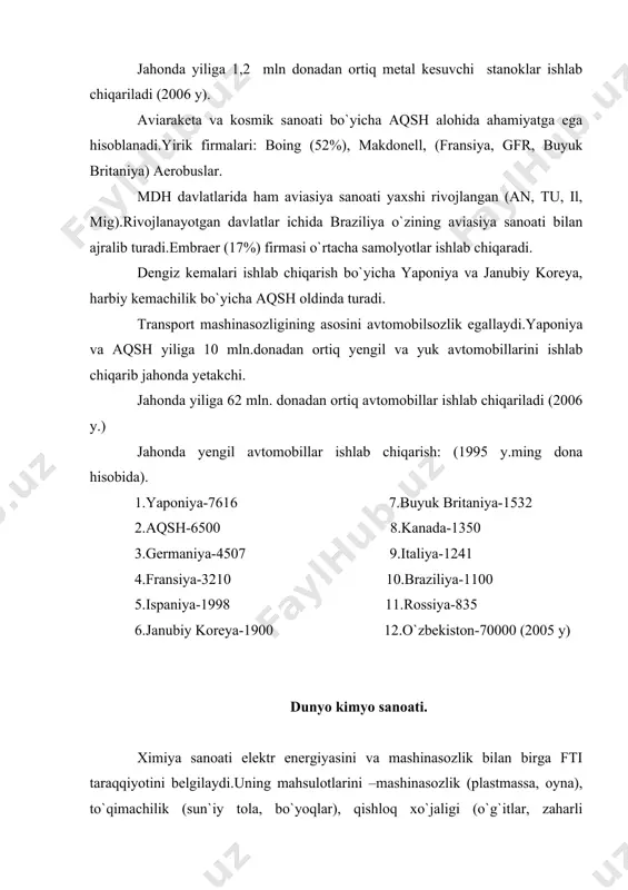 a ega. masalan: ko`mir, neft, gaz, slanes va torfdan bir vaqtning o`zida ham energiya, ham qimmatli ximiya mahsulotlari (benzin, kerosin, surtov moylari, parafin, tola va h.k.) olish uchun foydalanish energetika-kimyo kombinatlarini qurilishiga olib keldi. 3.ximiya sanoati juda keng xom-ashyo bazasiga ega.bu sanoat turli sanoatlarning chiqindilarini qayta ishlab, yangi materiallar yaratadi.lekin maxsus tayyorlanadigan xom-ashyo asosiy xom-ashyo bo`lib qolmoqda (neftni qayta ishlash, ko`mirni kokslash chiqindilari). 4.turli xom-ashyodan foydalanish imkoniyatini juda katta ekanligi, ximiya sanoati korxonalarini hamma joyda qurish imkonini beradi.biroq bu sanoat energiya va suvni ko`p talab qilishi, ayniqsa, ekologiyaga salbiy ta`sir etishi sababli ularni hamma joyda ham qurish maqsadga muvofiq bo`lavermaydi. ximiya sanoatining tarmoqlari: 1.tog`-ximiya sanoati-appatit, fosforit, osh va kaliy tuzlari, oltingugurt va boshqalar qazib olishdan iborat.appatit va fosforitdan fosforli o`g`itlar olinadi, kaliy tuzidan esa soda olishda foydalaniladi. 2.asosiy ximiya sanoati-kislotalar ishlab chiqarish, tuzlar, kalsiyli va kaustik sodalar, mineral o`g`itlar ishlab chiqarishdan iborat. 3.organik sintez ximiyasi (uglevodorod xom-ashyosi, yarim fabrikantlar ishlab …