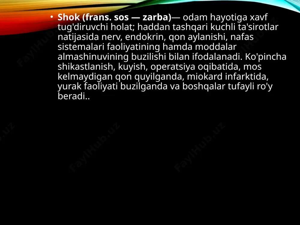 li eritmasi bilan tomchilab yuboriladi. qon bosimi 95-100ga yetsa to'xtatiladi 4. aritmiya bo'lsa lidokain 2% 10ml + natriy xlorid 0.9% 100ml v/i/t 5. polyarizatsiyalovchi aralashma glyukoza 5% 500ml + insulin 10tb + kaliy xlorid 1g v/i/t 6. agar qon tomirlar kengaysa, noradrenalin 0.2% 1-2ml + natriy xlorid 0.9% - 200ml v/i/t miokard infarkti deb, yurakdagi toj arteriyalardan birining birdan tiqilib qolishi natijasida ro‘y beradigan holatiga aytiladi. bunda yurak muskuli nekrozga uchraydi. miokard infarkti aksariyat ateroskleroz, gipertoniya kasalligi bilan kasallangan shaxslarda sodir bo‘ladi. stenokardiyani bu kasallikning darakchisi deb hisoblaydilar, biroq ba’zan miokard infarkti to‘satdan yuz beradi. klinikasi. yurak sohasida yoki to‘sh orqasida og‘riq to‘satdan paydo bo‘lib, chap yelkaga, chap kurakka, pastki jag‘ga va tananing boshqa qismlariga o‘tadigan og‘riq miokard infarkti-ning asosiy simptomi hisoblanadi. stenokardiyadagi og‘riqdan farqli ravishda miokard infarktida og‘riq uzoqroq (bir necha soatgacha) bo‘ladi, toj arteriyalarni kengaytiradigan vositalar (validol, nitroglitserin) qabul qilingandan keyin bosilmaydi davolash. miokard infarktining davosi maxsus tez …