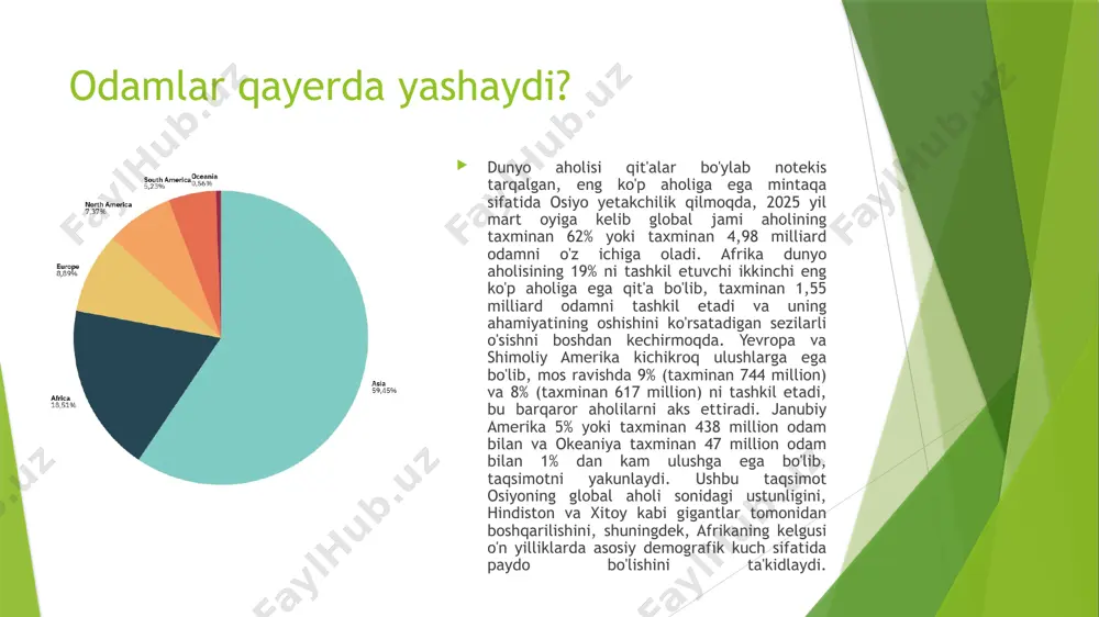 h darajasi va ilg‘or sog‘liqni saqlash tizimlari bilan ajralib turadi. bu tafovutlar demografiya va geografiya qanday o‘zaro bog‘liqligini ko‘rsatadi va bu ishchi kuchi dinamikasidan tortib, turli hududlardagi ijtimoiy xizmatlargacha bo‘lgan sohalarga ta’sir qiladi. o‘zbekiston: markaziy osiyoning aholi markazi o‘zbekiston — markaziy osiyoda joylashgan, dengizga chiqish imkoni bo‘lmagan davlat — 2025-yilda taxminan 37 million aholisi bilan mintaqadagi eng ko‘p aholi yashaydigan mamlakat hisoblanadi. aholi joylashuvi zich shaharlik markazlar va keng qishloq hududlarining uyg‘unligini aks ettiradi: aholining 51 foizi poytaxt toshkent kabi shaharlarda yashasa-da, serhosil farg‘ona vodiysi kabi qishloq joylar ham qishloq xo‘jaligiga tayanilganligi sababli zich aholi bilan ajralib turadi. har kvadrat kilometrga 87 nafar aholi to‘g‘ri keladigan o‘zbekiston tez o‘sayotgan aholini — 2025-yil o‘rtalariga kelib 37,05 millionga yetishi kutilmoqda — resurslarga bo‘lgan talab bilan muvozanatlash muammosiga duch kelmoqda. aholining o‘rtacha yoshi 27 bo‘lib, yosh demografik tarkib iqtisodiy salohiyatni oshirsa-da, ayniqsa shaharlarga ko‘chish kuchayib borayotgan bir paytda, infratuzilmaga bosimni kuchaytirmoqda. shu bilan …