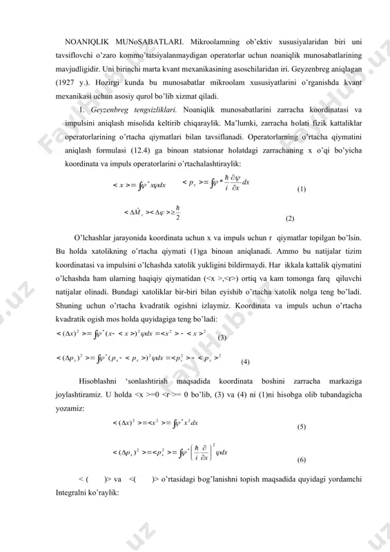 ’paytma operator bilan funktsiyaga ta’sir etamiz: (13) sungra ularning urnini almashirib funktsiyaga ta’sir etamiz (14) (13) va (7) larning farqini olsak, x, r operatorlarning kommo’tatori (15) kelib chiqadi. demak x va r operatorlari o’zarо kommo’tatsiyalanmas ekan. buni e’tiborga olib (1) tengsizlikni quyidagicha yozish mumkin: (16) demak, koordinata va impulsni o’lchashdagi xatoliklar uchun aniqlangan geyzenberg tengsizligi shu operatorlar kommo’tatorning nolga teng bo’lmasligi, ya’ni bu dinamik kattaliklar operatorlarining o’zarо kommo’tatsiyalanmaganligi tufaylidir. bu xulosani (16) ga asosan ixtiyoriy o’zarо kommo’tatsiyalanmaydigan operatorlar uchun umumlashtirsak, geyzenberg tengsizligi quyidagicha yoziladi: embed equation.3 (17) yuqorida keltirilgan ayrim fizik kattaliklarning operatorlari kommo’tatorlarini aniqlasak energiya e va vaqt t operatorlari m ,m ,m hamda impuls momentining z o’qiga proektsiyasi m bilan burchakli koordinata operatorlari o’zarо kommo’tatsiyalanmaydi. shu sababli bu operatorlar uchun geyzenberg tengsizliklari mavjuddir. energiya va vaqt operatorining kommo’tatori embed equation.3 (18) bu operatorlar uchun noaniqlik tamоyili (19) 2-rasm. atom energiyasi va yashash vaqti o’rtasidagi noaniqlik munosabati (20) bo’ladi …