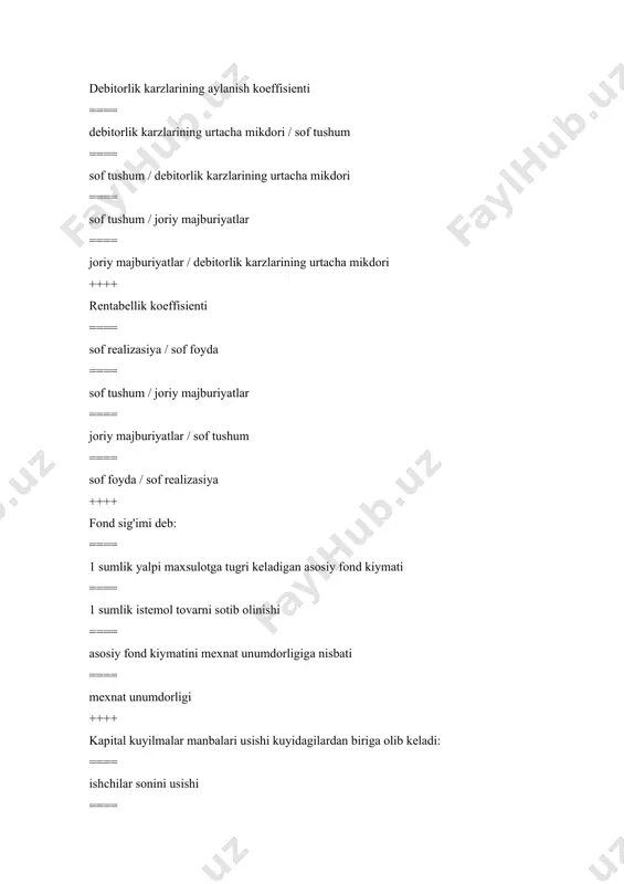 etarli mablaglarni kamayishi ++++ sanasiya-… ==== moliyaviy strategiya ==== moliyaviy boshkaruv ==== moliyaviy soglomlashtirish ==== iktisodiy rentabellik ++++ sanasiya kilishning kanday shakli bor: ==== davlat mablaglarini jalb etgan xolda ==== davlat mablaglarini jalb etmagan xolda ==== jismoniy shaxslar tomonidan ==== to’gridan – to’gri sanasiyalash ++++ leveredj 1 ga teng buladi, agar. ==== korxona kredit olgan bulsa ==== korxonani karzi bulmasa ==== korxona zayomlari kup bulsa ==== korxona tmz ga ega bulsa ++++ moliyaviy menejment asosan kanday funktsiyalarni bajaradi: ==== takror ishlab chikarish va mablaglarni balanslashtirish funktsiyasi, mablaglarni taksimlash va nazorat funktsiyasi ==== taksimlash, normalashtirish va nazorat funktsiyasi ==== ishlab chikarishni tashkil etish va taksimlash funktsiyasi ==== korxona xisob-kitob ishlarini olib borish ++++ moliyaviy risk: ==== korxonaning karziy mablaglari uz mablaglari munosabati bilan ulchanadi ==== korxonaning kelgusidagi karzlarini koplay olishi ==== korxonaning banki va boshka moliyaviy institutlari qarz beruvchi bankni tanlash ++++ moliyaviy menejmentning asosiy kursatkichlari. ==== kushilgan kiymat va bruto …