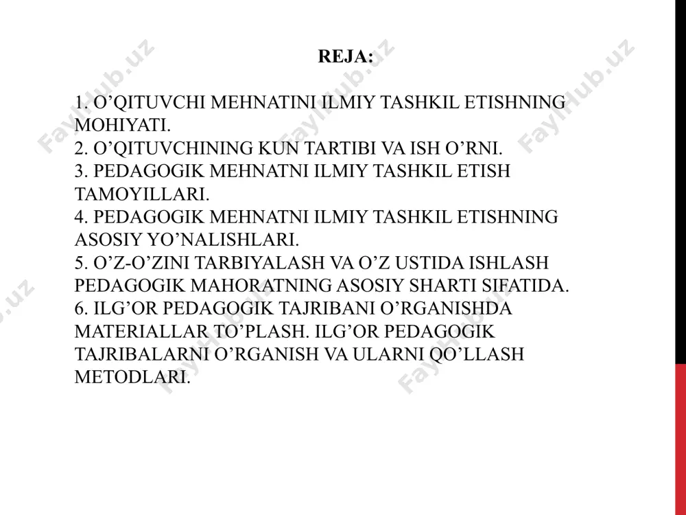 , psixologik pedagogik bilim va mahoratli shuningdek, nazariy ishlarni mukammal egallagan bo’lishi kerak. pedagogik o’qituvchilik faoliyatini yoshlarni o’qitish va tarbiyalash ishini samarali bajarish, ota-onalar va bolalarni izzat- hypmatiga sazovor bo’lishi uchun ham kishida qobiliyag, mahorat, qiziqish bo’lmog’i lozim. muvaffaqiyatli ishlash uchun har bir o’qituvchi pedagogik mahoratga ega bo’lishi zarur. pedagogik mahorat egasi oz mehnat sarf qilib katta natijaga erishadi. ijodkorlik uning hamisha hamkori bo’ladi. pedagogik ishga qobiliyatli, iste’dodli kishidagina pedagogik mahorat bo’lishi mumkin. yuksak mahoratli o’qituvchi bo’lish uchun eng avvalo qobiliyatli, malakali va uddaburon bo’lishi kerak. qobiliyat faoliyat jarayonida paydo bo’ladi va uddaburonlikdan farq qiladi. malaka va uddaburonlik mashq, o’qish natijasi hisoblansa, qobiliyatning rivojlanishi uchun esa iste’dod layoqat va zehn, ya’ni inson nerv tizimida anatomo fiziologik xususiyat ham bo’lishi zarur. mahoratli o’qituvchi o’quvchilarni fanlarni savodli o’zlashtirishlari uchun zamin tayyorlab, ularni dam olishdan ishga o’tishlari, bo’shashish, lanjlik, layoqatlariga barham berish uchun vaqt ajratish zarurligini hicobga oladi. u tegishli vaziyat yuzaga kelgunga …