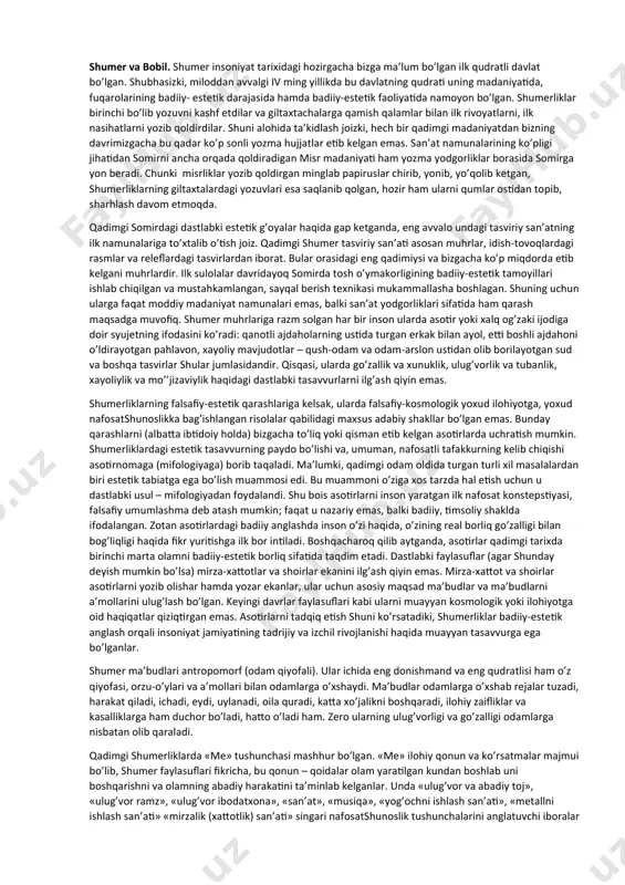 t «tog’»ida ham hajm, miqdor boru, lekin bir narsa –go’zallik etishmaydi. minora bilan tog’dagi hajmni salobatga aylantiruvchi unsur, bu – go’zallik. fojeaviylik xususiyatida ham go’zallikning ishtirokini ko’rish mumkin. misol sifatida lev tolstoyning «urush va tinchlik» romanidagi austrlistda bo’lib o’tgan rus va franstuz qo’shinlari to’qnashuvidan so’ng, jang maydonida yarador bo’lib yotgan knyaz andrey bolkonskiyni eslaylik: bir qo’lida bayroq dastasini ushlagancha, ko’m=ko’k maysada moviy osmonga qarab yotgan, oppoq mundirli botir yigit – bayroqdor zobitning tepasiga kelgan napoleon uni o’lgan deb o’ylab, bu manzaradan hayratlanib: «mana bu – go’zal o’lim!», deydi. bu o’rinda asar qahramonining o’limi – fojeaviylik, o’limning qahramonlikka aylanishi – ulug’vorlik; fojeaviylik bilan ulug’vorlik xususiyatlarining omuxtalashuvi natijasida esa go’zal manzara, qayg’uli va ulug’vor go’zallik vujudga kelgan. shuning uchun ham napoleonning hayrotomuz xitobi bejiz emas. ayni paytda go’zallik yuqorida keltirilgan estetik xususiyatlar va tushunchalarning «mustaqilligiga» daxl qilmaydi, faqat ularning hujayrasida u yoki bu darajadagi unsur sifatida ishtirok etadi. demak, estetikaning asosiy tadqiqot …