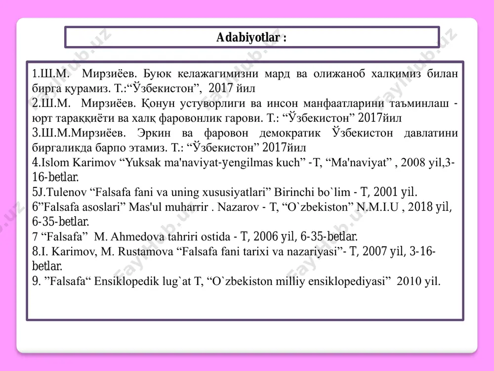 ot va shaxslararo aloqalarning muayyan tipini ta’minlaydi, jamiyatning jipslashuvi va yaxlitligiga ko‘maklashadi. 14 dinning asosiy funksiyalari: tartibga solish funksiyasi: odamlar xulq-atvorini tartibga soluvchi tegishli me’yorlar va qoidalarni belgilaydi. kompensatorlik funksiyasi: yetishmayotgan axborot, diqqat-e’tibor, g‘amxo‘rlik o‘rnini to‘ldiradi. insonning kundalik hayotda qondirilmagan ehtiyojlari ning o‘rnini to‘ldiradi. diniy e’tiqodning tarixiy shakllari totemizm fetishizm magiya animizm 15 falsafa dunyoqarash sifatida falsafa – o‘ziga xos ilmiy-nazariy dunyokarash turi. dunyoqarashning eng yuqori pog‘onasi va turi, ratsionallik, sistemalilik, mantik va nazariy shakli borligi bilan ajralib turadi. falsafiy dunyoqarashning diniy va mifologik dunyoqarashdan farki falsafiy dunyoqarash bilimga asoslangan (ishonch yoki rivoyatga emas); • falsafiy dunyoqarash refleksiv (fikrning uziga qaratilganligi); falsafiy dunyoqarash mantikka asoslangan (ichki birlik va sistemaga ega); falsafiy dunyoqarash anik tushunchalar va kategoriyalarga asoslanadi. falsafaning dunyoqarash sifatidagi evolyutsiyasi etaplari •kosmotsentrizm – falsafiy dunyoqarash, uning asosida olamni,tabiat hodisalarni tashqi kuchlar–koinot (kosmos)- qudrati va cheksizligi orqali tushuntirish, unga ko‘ra butun borliq koinot va kosmik sikllarga bog‘lik (bu falsafa qadimgi …