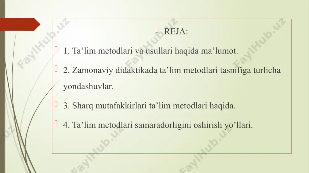 iallar, xaritalar, chizmalar, diagrammalar. amaliy mashg’ulotlar metodi mashq qildirish metodi, labaratoriya mashg’ulotlari metodi, amaliy mashqlar metodi. zamonaviy didaktikada ta’lim metodlari tasnifiga turlicha yondashuvlar: an’anaviy ya’ni manbasiga ko’ra ta’lim metodlari. e.i.goland va varzelin fikriga ko’ra: og’zaki ko’rgaz-mali amaliy kitob bilan ishlash video-metod suhbat hikoya tushuntirish ma’ruza munozara illyustratsiya demonstrat-siya mashq amaliy labaratoriya didaktik o’yinlar o’qish o’rganish reja tuzish konspekt qilish ko’rish, o’rganish, nazorat qilish o’quvchilarning bilish faoliyati tavsifiga (lerner va skatkin) ko’ra: ta’lim metodining nomlanishi o’qituvchi faoliyati o’quvchi faoliyati axboriyretseptiv o’quv axborotini uzatish, o’rganilayotgan ob’yekt bilan o’quvchi harakatini tashkil etish bilimlarni idrok etish, anglash va yodda saqlash o’quvchilarning bilish faoliyati tavsifiga (lerner va skatkin) ko’ra: ta’lim metodining nomlanishi o’qituvchi faoliyati o’quvchi faoliyati reproduktiv bilimlar hamda aqliy faoliyat usullarini hosil qilishga doir topshiriqlarni tuzish va taqdim etish na’muna asosida bilimlarni hamda aqliy faoliyat usullarini egallash o’quvchilarning bilish faoliyati tavsifiga (lerner va skatkin) ko’ra: ta’lim metodining nomlanishi o’qituvchi faoliyati o’quvchi faoliyati muammoli bayon …