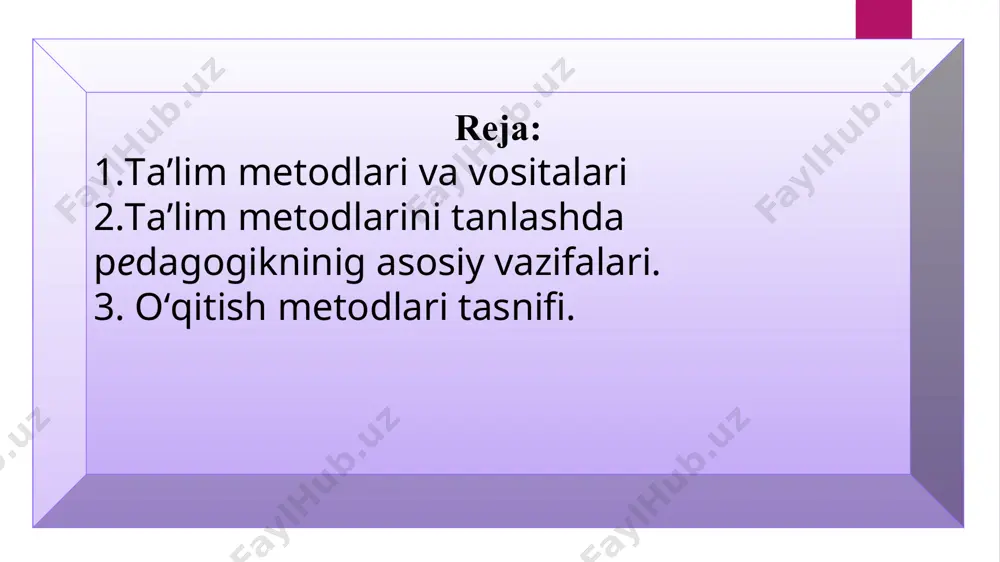 i shakllantirish metodlari; • bilimlarni amaliyotda qo‘llash metodlari. о‘rgatish metodlari о‘rganish metodlari axboriy-ma’lumotli ijro etish (bajarish) tushuntirishli reproduktiv kо‘rgazmali-amaliy ijodiy-amaliy tushuntirishli-undovchi qisman izlanishli undovchi izlanishli ta’limning binar metodlari yaxlit yondashuvga kо‘ra ta’lim metodlari tasnifi о‘quv-bilish faoliyatini tashkil etish va amalga oshirish metodlari. о‘quv-bilish faoliyatini motivatsiyalash va rag‘batlantirish metodlari. о‘quv-bilish faoliyatini nazorat va о‘z-о‘zini nazorat qilish metodlari. о‘rganilayotganlarini о‘zlashtirishga da’vat qilish metodlari yangi materialni anglash metodlari о‘rganilganlarini fikrlashga imkon beruvchi metodlar erkin yozish. klaster. aqliy hujum. b-b-b chizmasi. chalkashtirilgan mantiqiy zanjirlar ketma-ketligi. semantik xususiyatlar tahlili. semantik xususiyatlar tahlili. b-b-b chizmasi. о‘qitish bо‘yicha qо‘llanma. bir-biriga о‘rgatish. bir-biridan sо‘rash. ikki qismli kundaliklar. eng asosiy tushunchalar eng asosiy tushunchalar, takrorlash. t-chizma. konseptual jadval. venn diagrammasi. nilufar guli. besh minutlik esse. о‘n minutlik esse. ta’lim metodlarini tanlab olish shartlari: 1. ta’limning umumiy maqsadlari. 2. fanning va о‘rganilayotgan mavzuning mazmuni hamda о‘ziga xosliklari. 3. biror fanni о‘qitish metodikasining о‘ziga xosliklari. 4. materialni о‘rganishga ajratilgan vaqt. 5. …