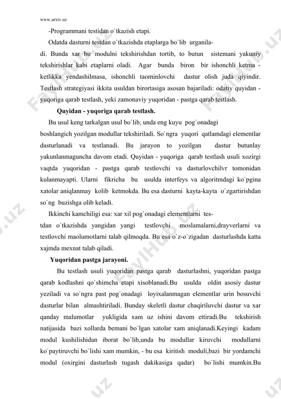 hi mumkin.bu tekshirishdan so`ng sinash oddiy bir sodda kiruvchi malumotlar bilan o`tkazish mumkin. adabiyotlar: 1.van tassel d. stilg`, razrabotka, effektivnostg`, otladka i ispqtaniye programm. m., mir, 1991. 2. linger r.,teoriya i praktika strukturnogo programmirovaniya m.,mir,1985. 3.v.v. lipayev. “proyektirovaniye programmnqx sredstv”, m.:”vsh”, 1991. 4. foks dj. “programmnoye obespecheniye i yego razrabotka”. per. s angl. m.: mir, 1985. 5. s.s. gulomov. “iktisodiy informatika”. toshkent 1999 y. 6. www.ziyonet.uz
