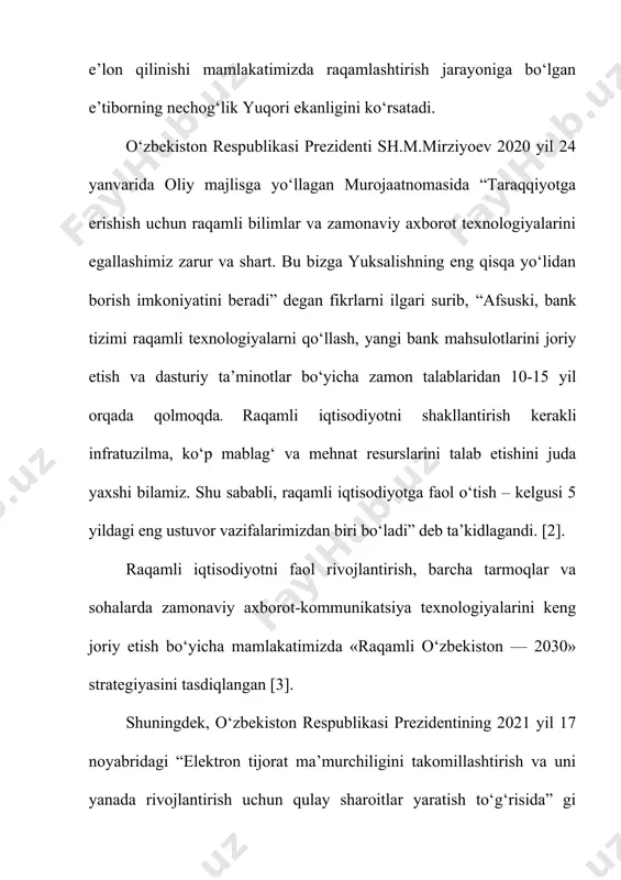 ng 34-moddasida elektron to‘lov vositalari haqida alohida to‘xtalib, axborotni o‘z ichiga olgan va to‘lovchiga to‘lovni amalga oshirish hamda to‘lovchi bilan elektron to‘lov vositalarining emitenti o‘rtasida tuzilgan shartnomada nazarda tutilgan boshqa operatsiyalarni amalga oshirish imkonini beradigan bank kartasi yoki boshqa elektron jism elektron to‘lov vositasi ekanligi ta’kidlab o‘tilgan. o‘zbekiston prezidentining 2020-yil 28-aprelidagi “raqamli iqtisodiyot va elektron hukumatni keng joriy etish chora-tadbirlari to‘g‘risida”gi 4699-sonli qarorida 2023-yilgacha mamlakat yalpi ichki mahsulotidagi raqamli iqtisodiyotning ulushini 2 barobarga, xizmatlar hajmini 3 barobarga oshirish vazifalari belgilangan [6]. raqamli iqtisodiyotning rivojlanishida elektron to‘lovlar tizimi muhim o‘rin tutadi. mazkur tizim xizmatlaridan mamlakatning barcha hududlarida foydalanish imkonini berishi bilan birga, uning barqaror ishlashi hamda to‘lovlarning qulayligi va xavfsizligini ta’minlashi kerak. shu sababli mamlakatimizda elektron to‘lovlar tizimining rivojlanish yo‘nalishlarini o‘rganish, mavjud muammolarning aniqlash va ularni bartaraf etish bo‘yicha ilmiy asoslangan amaliy tavsiyalar ishlab chiqish dolzarb masalalardan biri bo‘lib hisoblanadi. adabiyotlar tahlili raqamli iqtisodiyotning rivojlanishining iqtisodiy ahamiyati, zamonaviy moliyaviy texnologiyalarning iqtisodiy …