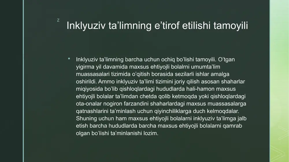 rganlariga jaqvabgarlik va boshqaruvni yuklash uchun markazlashmagan holda olib borilishi kerak va imkoniyatlar mahalliy sharoitlarga moslashtirilishi lozim. optimal integrasiya erishish uchun markazlashtirilmagan bo’lish muhimdir. bu ayniqsa qishloq sharoitlarida ayni muddao bo’ladi. inklyuziv ta’limning vazifalari nogiron bolalarga o’z ota-onalari baln birga bo’lish, ularga xuddi tengdoshlari kabi o’zlariga yaqin bo’lgan maktablarda ta’lim olish imkonini beradi. bu ularning shaxsiy sifatilarining shakllanishida muhim ahamiyatga ega. z z markazlashtirilmagan bo’lishi tamoyili nogiron bolalarga ularga nogiron deb faqatgina nuqson jihatdan yondashishi emas, balki bu bolalrga har tomonlama yondashish lozim. bu esa maxus ehtiyojli bolalar uchun ta’lim masalasini rejalashtirayotgan uning butun hayoti davomida yuzaga kelishi mumkin bo’lgan ehtiyojini hisobga olgan holda tuzishni talab etadi. bundan tashqari inklyuziv ta’limda nogiron boladagi mavjud nuqonlarni bartaraf etish, korreksiyalash, kompensasiya qilish bilan bir qatorda bilim ko’nikmalarga ega qilish, kasb hunarga o’rgatish ishlarini parallel ravishda olib borish talab etiladi. bu tamoyilning mohiyatida maxsus ehtiyojli bolalarga ilk yosh davrida erta yondashish ham yotadi. …