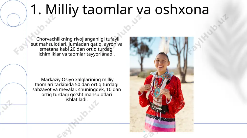 r orqali tasdiqlanadi, ularning soni va ta'siri turli davrlarda o'zgarib turgan. markaziy osiyo hududida kamida 50 dan ortiq etnik guruhning yashayotgani va ularning har biri o'ziga xos madaniy va til xususiyatlariga ega ekani, ularning genetik xilma-xilligini belgilaydi. 11.zamonaviy etnik jarayonlar va muammolar etnik identifikatsiya masalasi, ayniqsa, yoshlar orasida, 70% dan ortiq qismi o'zlarini ko'p etnikli deb bilishlari bilan murakkablashmoqda, bu esa milliy ongda o'zgarishlarni keltirib chiqarmoqda. markaziy osiyo xalqlarining zamonaviy etnik jarayonlarida 30% ga yaqini transmilliy nikoh tufayli etnik aralashuv kuzatiladi, bu esa yangi etnik guruhlarning paydo bo‘lishiga olib kelmoqda. 12.jamiyat tuzilishi va ijtimoiy ierarxiya markaziy osiyo xalqlarining an'anaviy jamiyatlarida 3-4 avlodni o'z ichiga olgan kengaygan oilalar, patriarxal tuzum asosida, 10-15 ta xo'jalikdan iborat qishloq jamoalarini tashkil etgan. o'troq qishloq jamoalarida esa, hunarmandlar, dehqonlar, chorvadorlar va boshqa ijtimoiy guruhlarning mavjudligi, qat'iylashgan ijtimoiy ierarxiya va taqsimot tizimini shakllantirgan. e'tiboringiz uchun rahmat @taqdimot_robot image1.png image2.jpg image3.jpg image4.jpg image5.jpg image6.jpg image7.jpg image8.jpg image9.jpg …