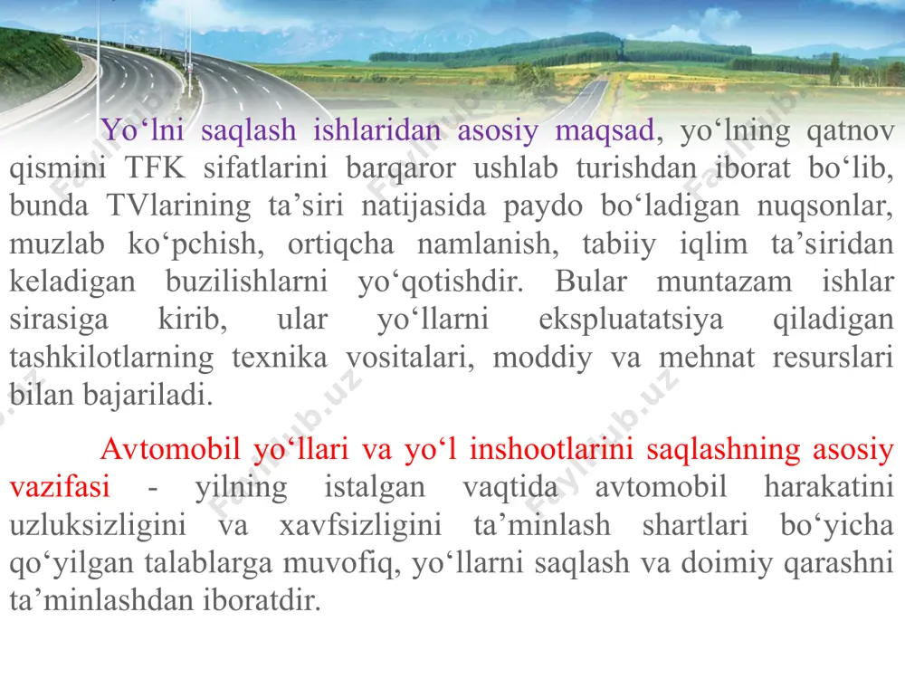 turdagi qoplamalar qishki sirpanchiqda ishlatilgan materiallardan tozalanadi. bugungi kunda saqlash ishlarida zamonaviy universal mashinalarni ishlatish davr talabi bo‘lib qolmoqda. yozda takomillashtirilgan qoplamalarni saqlashda suv sepuvchi mashinalar yoki mexanik chyotkalar bilan tozalashdan iborat bo‘ladi. yozda quyosh nuri ta’sirida qoplamaning ayrim joylarida ortiqcha bog‘lovchi materiallar chiqib qolishi mumkin. bunday uchastkalarga oz miqdorda (0,1 ÷ 0,2 l/m2) organik eritmalar (kerosin, solyarka, moy) bilan ishlov berib, ketidan mayda tosh yoki yirik qum sepiladi va 0,5 soatdan keyin mashina bilan supirib tashlanadi. kuzda turli qoplamali yo‘l to‘shamalarini saqlash ishlari qishga tayyorgarlik ishlaridan iborat bo‘ladi: qoplama tozalanib, yoriqlar berkitiladi va qoplama yuzasidagi suvlarning oqib ketishi bo‘yicha choralar ko‘riladi. yilning turli faslardagi ishlar qoplama turlariga qarab belgilanadi. gruntli yo‘llarni saqlash ishlarida yuzani avtogreyder yoki boshqa mashina bilan tekislash va chuqur izlarga grunt tashlab, katok bilan zichlash ishlari amalga oshiriladi. mayda chaqiq toshli qoplamali yo‘llarda ko‘ndalang va bo‘ylama chuqur ishlari yo‘qotiladi, qatnov qismidan suv ketgaziladi, yilning quruq fasllarida …
