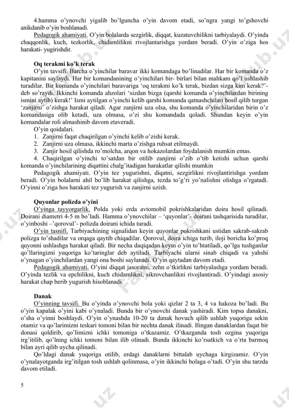 ayni payitda shu chiziqlar ochkolar sonini bildiradi, yahni bolalar qaysi chiziqqa sakrasalar, shucha ochko oladi. o’yin paytida 3-4 ta hakam saylanadi. o’yinning tavsifi. tarbiyachini signalidan so’ng birinchi o’yinchilar start chizig’idan iloji boricha uzoqroqqa sakrashga harakat qiladilar. keyin ikkinchi, o’yinchi va hokazo bolalar sakraydilar. hakamlar ochkolar sonini hisoblab chiqib har bir komanda qancha ochko to’plaganini aniqlaydilar va yutgan komandani e’lon qiladi. pedagogik ahamiyati. o’yin bolalarda turgan joydan uzunlikka sakrash malakasini takomillashtirishga yordam beradi. o’yin diqqatni, ziyraklikni, shijotlilikni, shaylikni rivojlantiradi. o’yin o’zini va o’rtoqlarini kuchiga ijibiy baho berishni rivojlantiradi. o’yinlagi asosiy harakatni turgan joyidan uzunlikka sakrashdir. signalni eshit. o’yinning tavsifi. sinf bolalarlari qolonna bo’lib maydon bo’ylab harakat qiladilar. tarbiyachi bitta chapak chalganda hamma bolalarlar qo’llarini bellariga ko’yadilar, ikkita chapak chalganda esa qo’llarini oldinga uzatadilar. yanglishgan bolalarlar qolonna ohiriga o’tib, o’yinda yana qatnasha boshlaydilar. endi mashqlar uzgartirib yuboriladi. qolonnada uz o’rnini tark etmagan bolalarlar g’olib hisoblanadilar. pedagogik ahamiyati. o’yin yugurish, tezlikni, zehn o’tkirligini, …