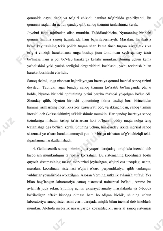 lda (20) tenglamani xuddi ilgarilanma harakatlanayotgan qattiq jism dinamikasining asosiy qonuni deb harashamiz mumkin: (21) yoki (21`) bu yerda a - ilgarilanma harakatlanayotgan jism tezlanishi. 6-§. massa markazi va uning harakat qonuni. 1. dinamikada mexanik sistemaning massa markazi tushunchasidan keng foydalaniladi. moddiy nuqtalar sistemasining massa markazi (inersiya markazi) deb, radius-vektori sistemaning barcha moddiy nuqtalari massalarini ularning radius vektorlariga ko'paytmasining yig’indisini sistemaning to'la massasiga nisbatiga teng bo'lgan s nuqtaga aytiladi. (22) bu yerda mi va ri - lar i-chi moddiy nuqtaning massa va radius vektori, n va -mos holda bu nuqtalarning sistemadagi umumiy soni va uning massalarining yig’indisi. xususiy holda, agar radius-vektor massa markazi s dan (uni ri - bilan belgilaymiz) o'tsa, u holda (22`) shunday qilib, massa markazi-geometrik nuqta bo'lib, uning uchun shu nuqtadan o'tkazilgan radius- vektorlariga mexanik sistemani tashkil etuvchi barcha moddiy nuqtalar massalari ko'paytmasining yig’indisi nolga teng. sistemada massaning uzluksiz taqsimlanishi holida (masalan, jismning cho'zilish hamda) sistema massa …