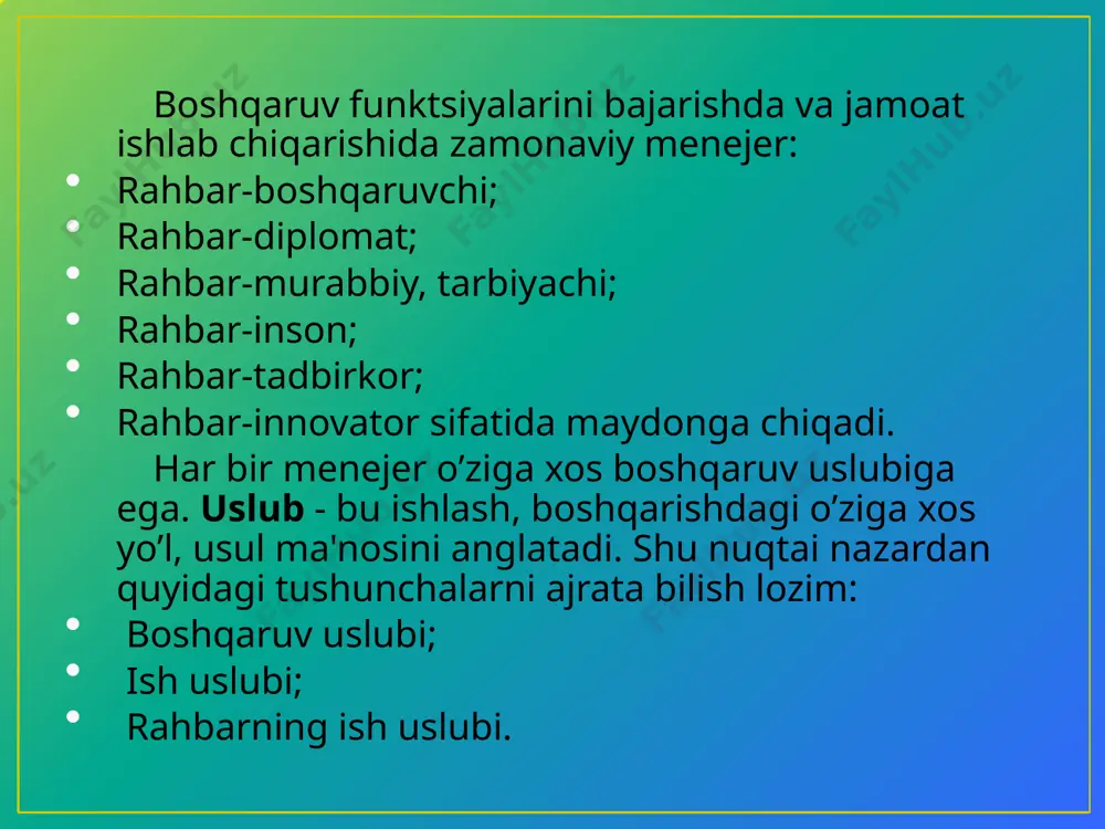 a qarab rahbarning turlarga ajratilishi rahbarlik usulubi, belgisi va bo’ysunuvchilarga nisbatan munosabatiga qarab, barcha rahbarlarni quyidagi uch turga ajratish mumkin: 1. avtokratik rahbar 2. liberal rahbar 3. demokratik rahbar ushbu rahbarlarning ijobiy va salbiy xislatlari, ularning ish uslublari to’g’risida 1. avtokratik rahbar. bunday turdagi rahbar: buyruq chiqarish, qaror qabul qilish, xodimlarga jazo berish yoki rag’batlantirishda jamoa fikrini hisobga olmaydi; o’zini jamoadan uzoqda tutadi, jamoa a'zolarni bevosita muloqotda bo’lishini chegaralab qo’yadi; o’zining noo’rin harakatlarining tanqid qilinishiga chiday olmaydi; o’ziga bo’ysunuvchilarning harakatlarini keskin ravishda tanqid qilishni yaxshi ko’radi; muttasil buyruq berishga hammani o’z istaklariga so’zsiz bo’ysundirishga intiladi; ko’p gapirishni yoqtirmaydi, lekin bo’ysinuvchilari bilan muomalada bo’lganda uning rahbarlik g’ururi balandligi, o’zini katta tutishi sezilib turadi; o’ziga bo’ysinuvchilari oldida qovog’i solingan kayfiyatda bo’ladi. xullas avtokratik rahbar, o’ziga bino qo’ygan, dimog’dor, o’z qobiliyati va imkoniyatlariga ortiqcha ishonadigan, hukmini o’tkazishga intiladigan kishilarda etishib chiqadi. bunday rahbar nazoratdan chetda qolsa, o’sha erda dag’allik, takabburlik, tazyiq o’tkazish, majbur …