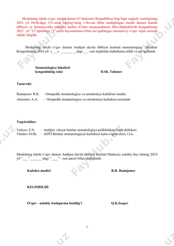 rijiy oliy ta’lim muassasalari tomonidan ishlab chiqilgan to’liq olinadigan tishlar bilan protezlash yo’nalishi bo’yicha dasturlar o’rganib chiqildi va ishchi dasturni ishlab chiqishda halqaro tajriba asosida o’zgartirishlar kiritildi: 1. patris lumumba nomidagi rossiya xalqlar do‘stligi universitetining (№316) quyidagi o‘quv-uslubiy dasturlari ko‘rib chiqildi: · rxdu (rudn) rektori o.a.yastrebov tomonidan 01.06.2024 yil kuni tasdiqlangan “протезирование при полном отсутствии зубов” nomli fan ishchi dasturi; · rxdu (rudn) rektori o.a.yastrebov tomonidan 10.06.2024 yil kuni tasdiqlangan 31.05.03-stomatologiya yo‘nalishi uchun olim ta’limdagi asosiy kasbiy o‘quv dasturi; · rxdu (rudn) rektori o.a.yastrebov tomonidan 01.06.2024 yil kuni tasdiqlangan 31.05.03-stomatologiya yo‘nalishi uchun modullar annotatsiyalari. 2. qozon (volga bo‘yi) federal universiteti (№401) o‘quv ishlari bo‘yicha prorektori prof.d.a.tayurskiy tomonidan 2018 yilda tasdiqlangan “propedevtik stomatologiya” modulining fan dasturi. 3. novosibir davlat universiteti universiteti (№442) qoshidagi v.zelman nomidagi tibbiyot va psixologiya instituti direktori a.g.pokrovskiy tomonidan 21.06.2023 yil kuni tasdiqlangan “stomatologiya” fanining ishchi dasturi. yuqoridagi nufuzli xorijiy oliy ta’lim muassasalarining o‘quv dasturlarini o‘rganib chiqib, mazkur …