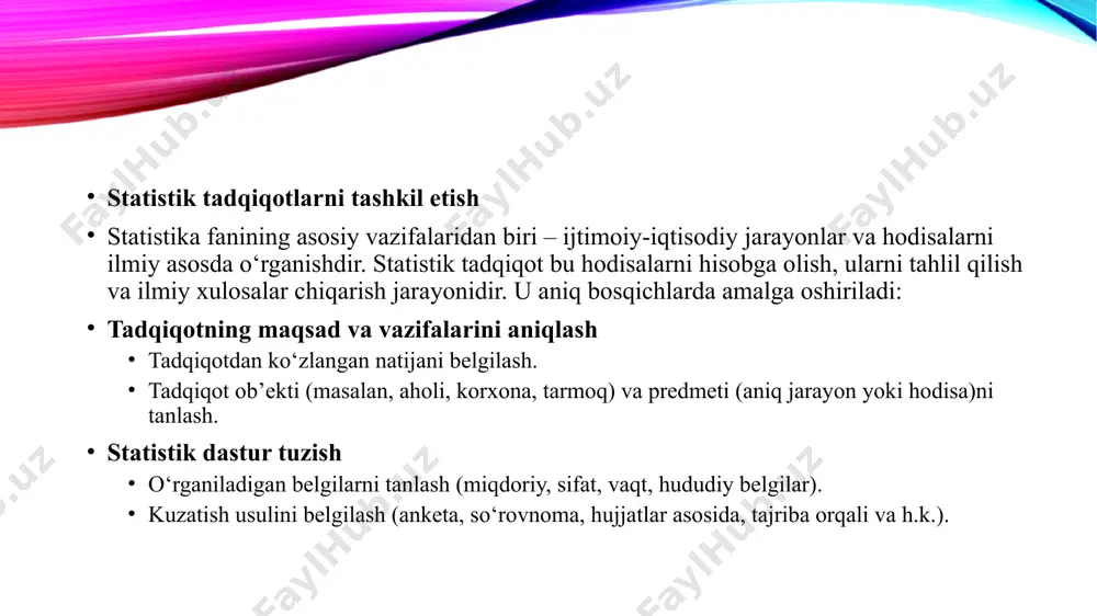 larida siyosiy iqtisod va boshqa ijtimoiyiqtisodiy fanlardan ajralmagan "siyosiy arifmetika" deb nomlangan fan — statistika asoslari ifodalab berildi. statistika rivjida davlatshunoslik fanining paydo boʻlishi ham muhim rol oʻynaydi. xix asrning 2-yarmi va xx asr boshlarida statistika jadal rivojlandi. ayniqsa, davlat monopolistik kapitalizmi sharoitlarida statistikaning texnik vositalari va iqtisodiy imkoniyatlari mukammallashdi. monopoliyalarning iqtisodiy holatini chuqur tahlil qilish ehtiyojlari, aholining tabiiy koʻpayishi va koʻchishi oʻrganildi, aholi, sanoat va qishloq xoʻjaligi. roʻyxatlari oʻtkazildi. birinchi navbatda, roʻyxatni oʻtkazadigan davlat statistika tashkilotlari shakllandi va takomillashdi. statistik maʼlumotlarni qayta ishlashda matematik usullarni qoʻllash statistika nazariyasini rivojlantirishda muhim ahamiyatga ega boʻldi. iqtisodiyotda maʼmuriy buyruqbozlik boshqaruvidan bozor iqtisodiyoti munosabatlariga oʻtish statistikada ham tub burilish yasadi. hozirgi davrda oʻzbekistonda iqtisodiyotni xalqaro amaliyotda qabul qilingan hisob va statistikaga oʻtkazish hamda mahalliy sharoitlarga uygʻunlashgan milliy hisoblar tiziminp ishlab chiqish va amaliyotga joriy etish, makroiqtisodiy koʻrsatkichlarni xorijiy davlatlar koʻrsatkichlari tizimi bilan taqqoslash va tahlil qilish eng zarur vazifalardan biridir. shu munosabat bilan …