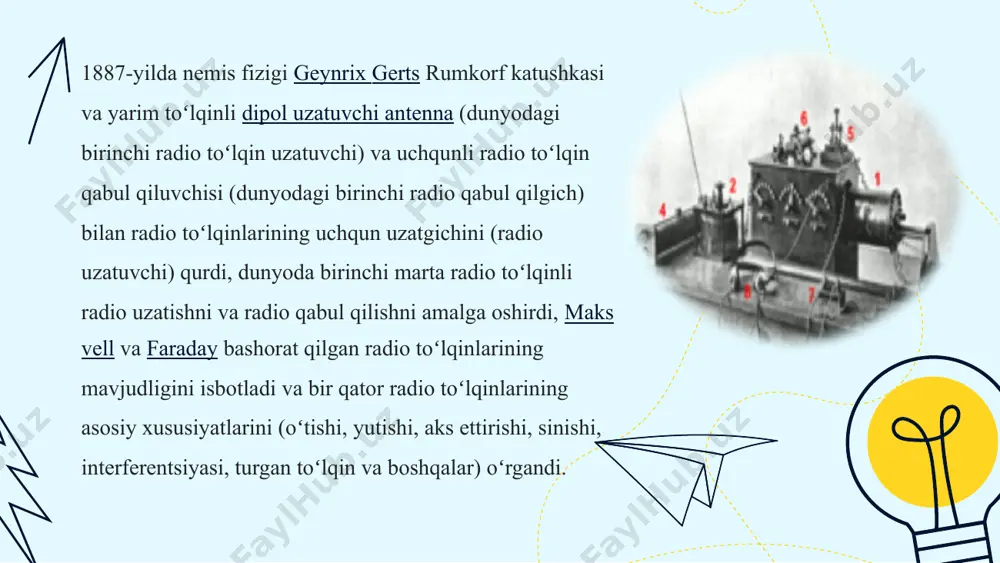 susiyatlari sezgirligi tanlab olish (selektivligi) o’z shovqini darajasi dinamik diapazon shovqinga bardoshliligi barqarorligi ish printsipi eng umumiy shaklda radio qabul qilgichning ishlash printsipi quyidagicha koʻrinadi: elektromagnit maydondagi tebranishlar (foydali radio signalining aralashmasi va va turli xil kelib chiqqan shovqinlar aralashmasi) antennada oʻzgaruvchan elektr tokini keltirib chiqaradi; buning natijasida paydo boʻlgan elektr tebranishlari kerakli signalni keraksiz (toʻsuvchi) signaldan ajratish uchun filtrlanadi; undagi foydali ma’lumotlar signaldan olinadi (aniqlanadi); natijada olingan signal foydalanish uchun mos shaklga aylantiriladi: tovush, televizor ekranidagi tasvir, raqamli ma’lumotlar oqimi, bajaruvchi qurilmani boshqarish uchun uzluksiz yoki diskret signal (masalan, teletayp yoki rul mashinasi) va boshqalar. qabul qiluvchining konstruksiyasiga qarab, uning yoʻlidagi signalni aniqlashdan tashqari, koʻp bosqichli ishlov berishdan oʻtishi mumkin: chastota va amplituda boʻyicha filtrlash, kuchaytirish, chastotani qayta shakllantirish (spektrni siljitish), keyingi dasturiy qayta ishlash bilan raqamlashtirish va oʻxshash koʻrinishga keltirish. adabiyotlar буга н.н. и др.. радиоприёмные устройства, 30000 экз, м.: радио и связь, 1986. radio qabul qiluvchilar: universitetlar …